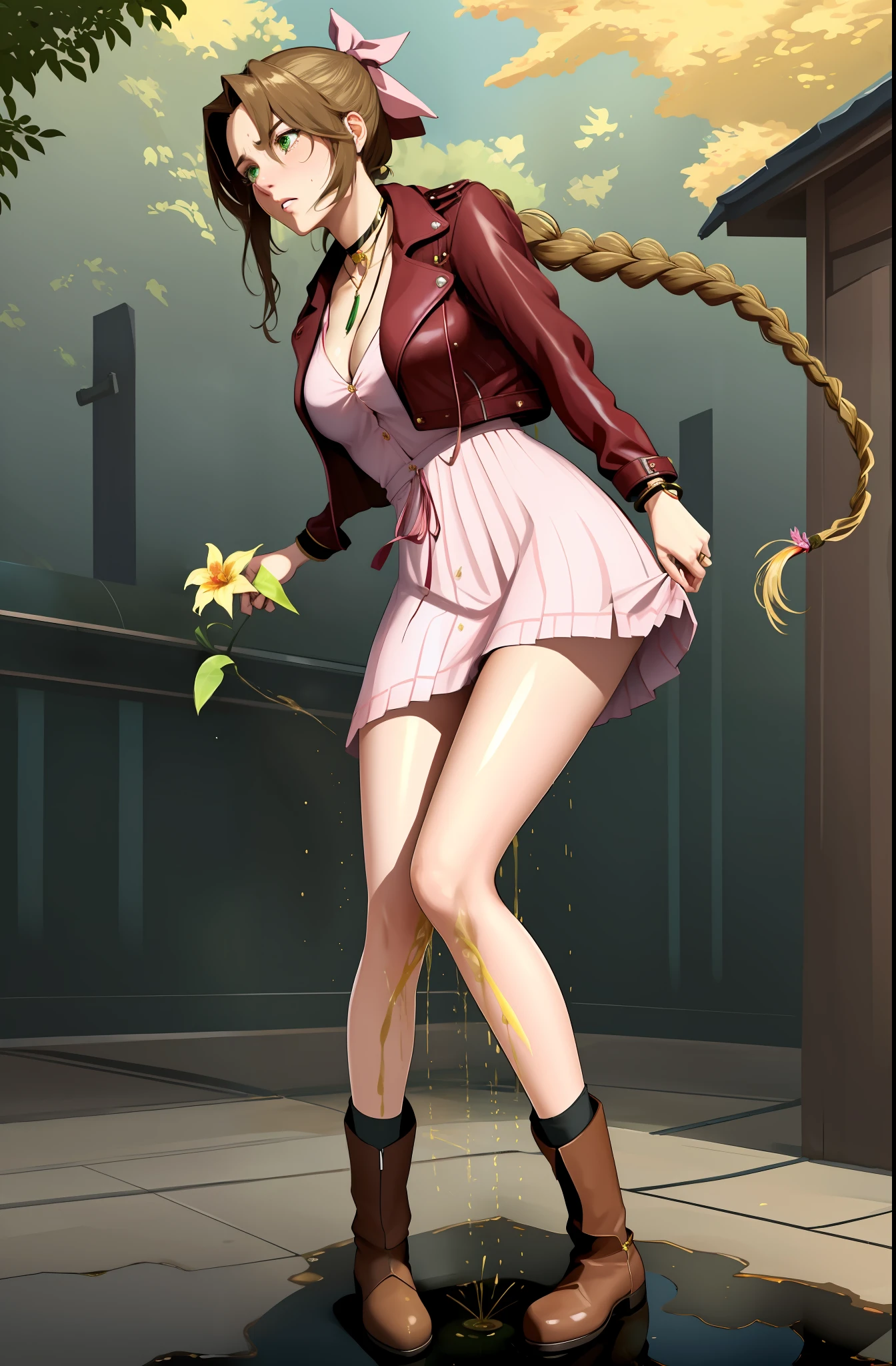 CG, upskirt view, legs together, perfect atwork, perfect female figure, very beautiful face, Aerith Gainsboroug, holding small flower basket, peeing herself, peeing down her legs, green eyes, surrounded by other people, standing in very busy midgar city street, sunny, choker, cropped jacket, hair bow, bracelet, pink dress, brown ankle boots, looking down nervously, shy, embarrassed aroused and shocked, outdoors, standing legs crossed, a small puddle of her own urine is forming around her feet on the dry ground, very desperate to pee, peeing, wetting herself, urination, streaming tears, scared, despair, panicking, high detail, Realism, Hyperrealism, masterpiece, highres, UHD, anatomically correct, high quality, super detail, high details, best quality, highres, award winning, 8k, textured skin