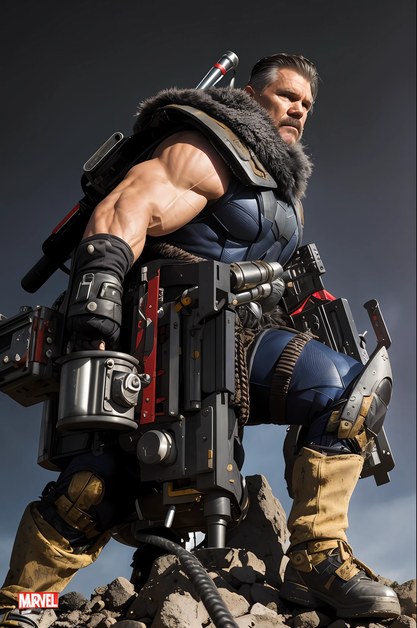 Josh Brolin, cable, x-men, metal suit, tech weapon.