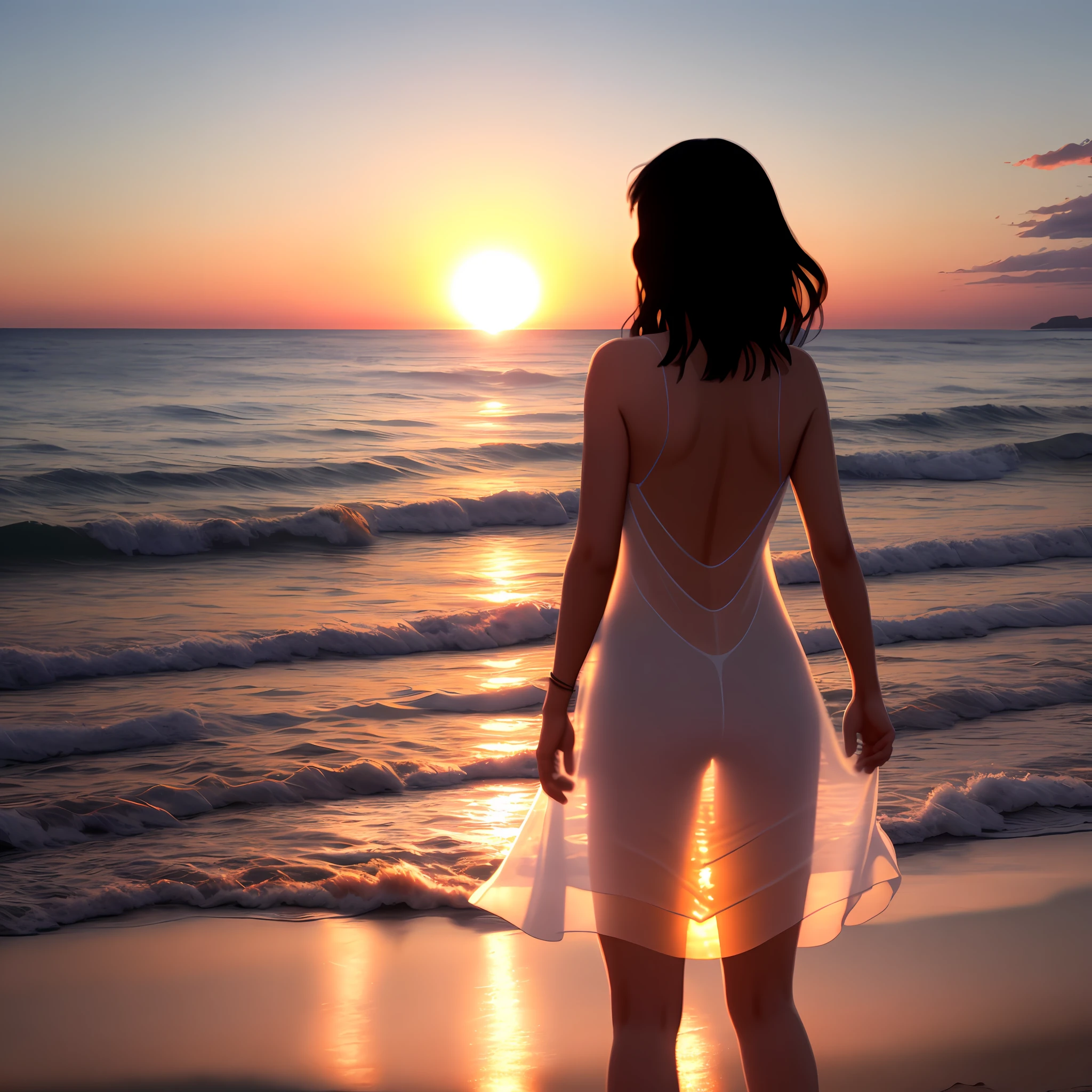 Sunny beach, sunset afterlight, the woman with the back, the shadow is very long, the person seems to be about to melt into the sea, satin transparent clothes