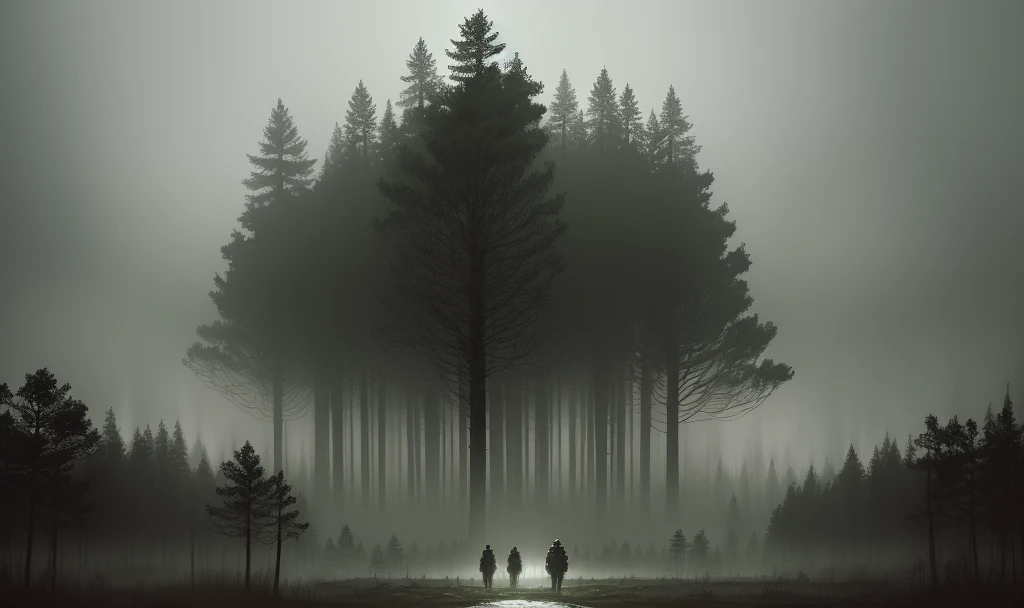 stalkers, post-apocalypse, post-nuclear war, forest, night, intricate details, extremely detailed, cinematic style, glossy gray atmosphere, dramatic light, Nicola Samory, Simon Stalenhag, Ben Templesmith, Conor Harrington