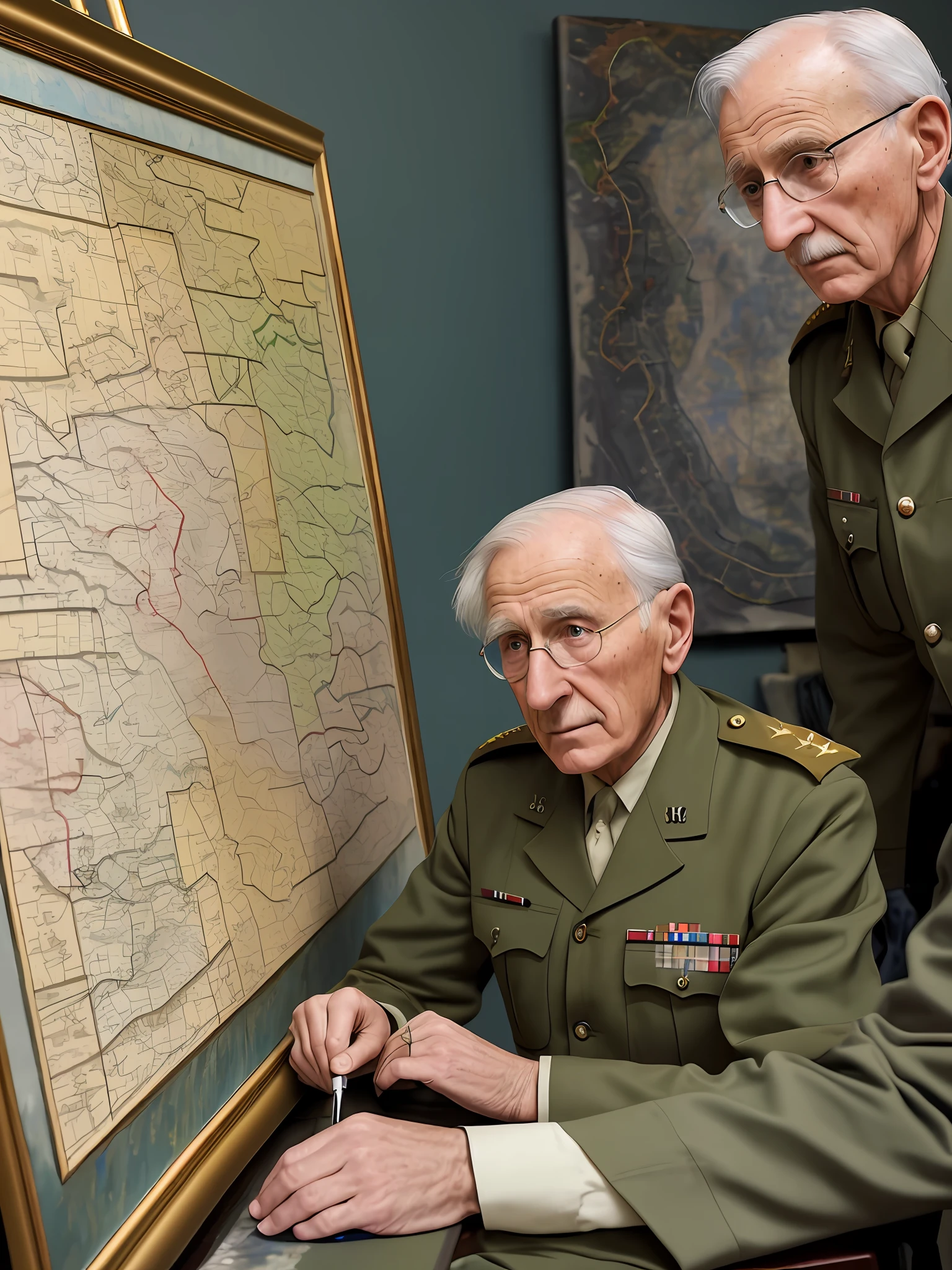 A military strategist, wounded, old, from World War II, analyzing maps in oil painting