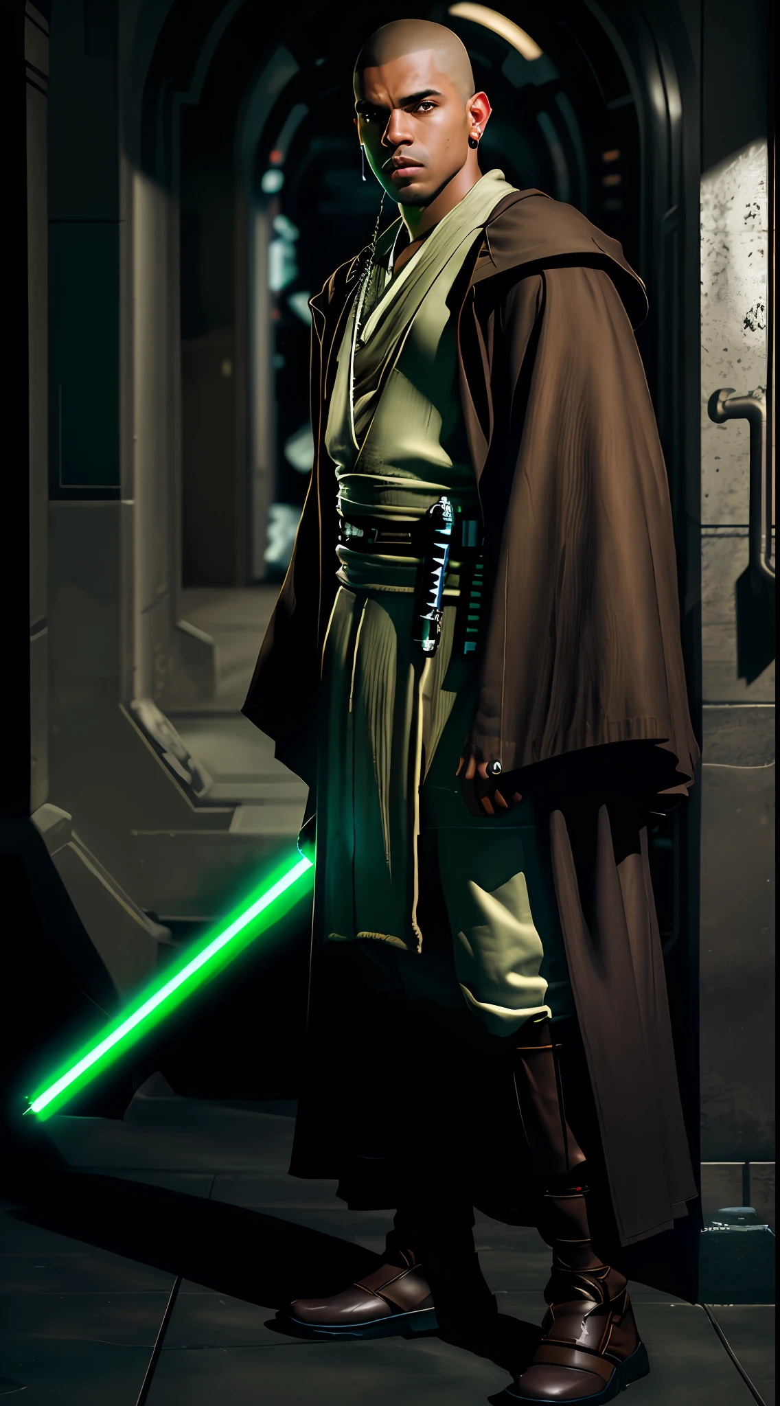A man, 32 years old, Latino, brown skinned, shaved head, hard-faced, Jedi, with perfect Jedi armor, with a green lightsaber, ataru position, concept art, dramatic lighting, trend in Artstation, amazing shadows, cinematic lighting, 8K, anatomically correct, masterpiece, ccurate