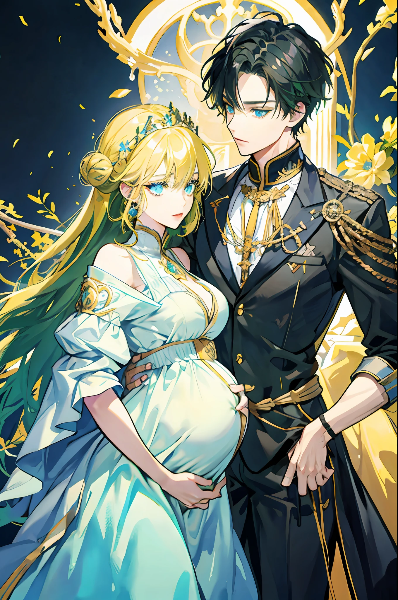 Black-haired man, green-eyed man, hugging pregnant yellow-haired woman, light blue-eyed woman, royalty, detailed face, high quality