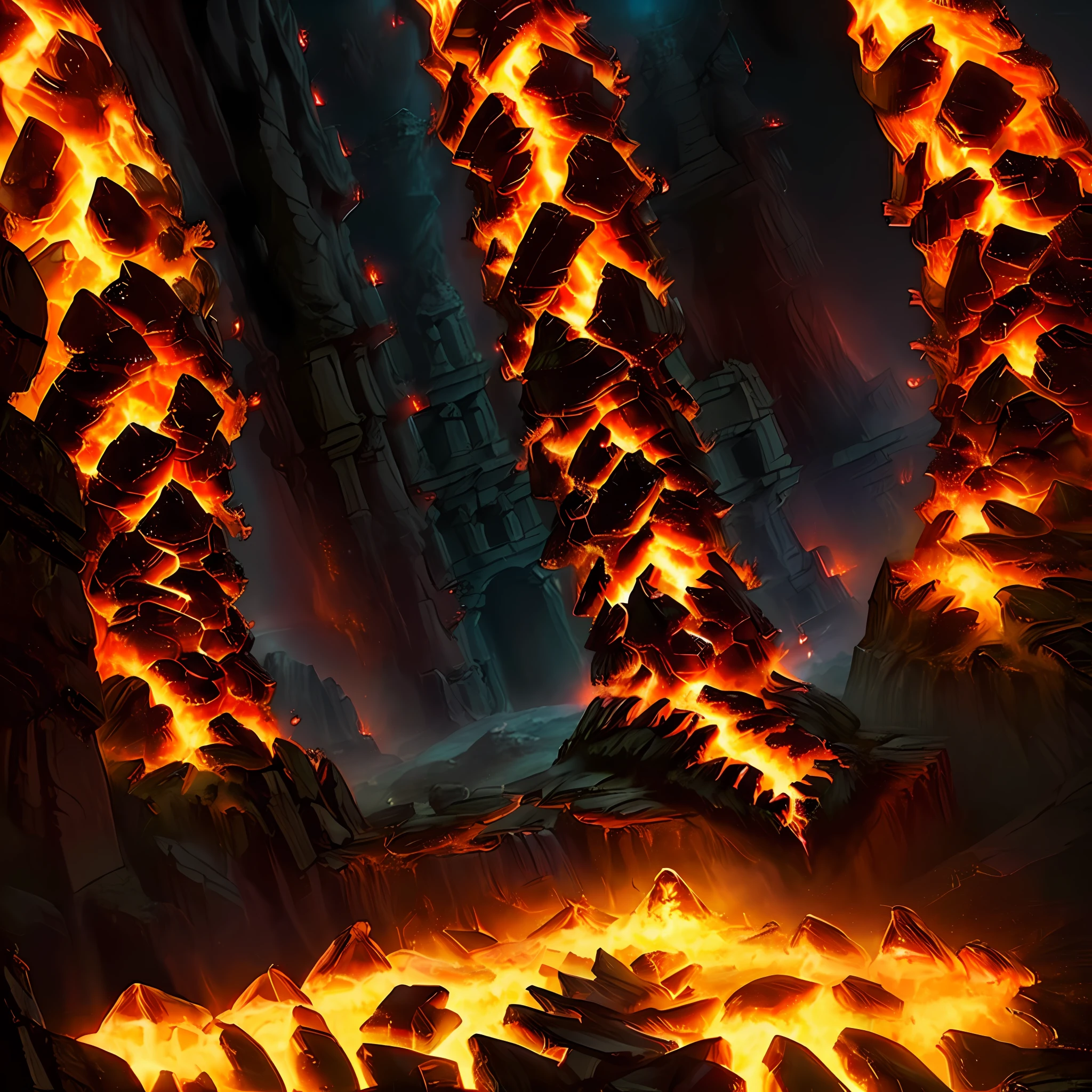 (10 fire golems):Very Small Size, column of lava erupting powerfully into the ceiling of a deep mysterious cave containing archaeological secrets, dark atmosphere, atmospheric lighting, cinematic lighting, best angle, ultra-detailed, intricate, dynamic angle, masterpiece