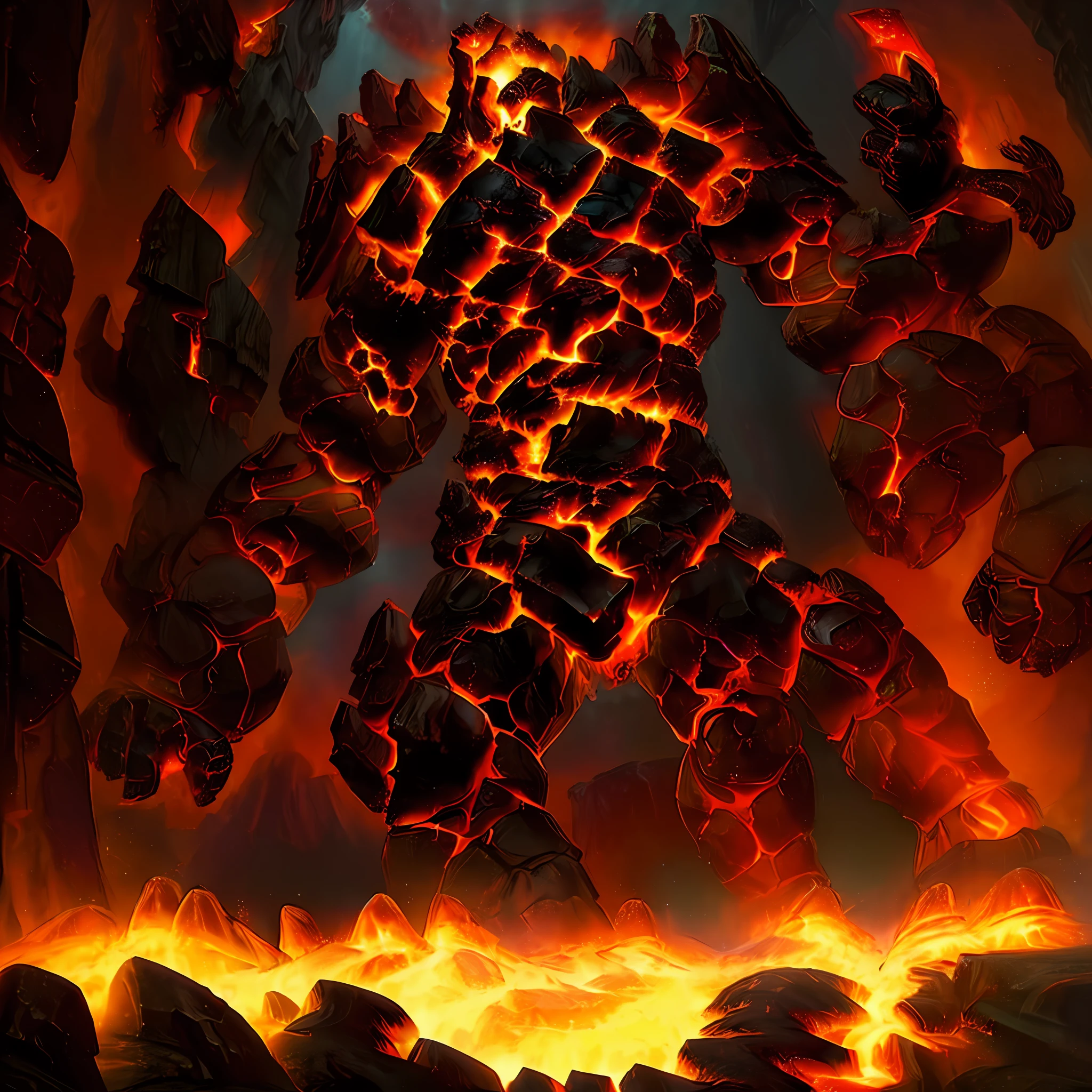(10 fire golems):Very Small Size, column of lava erupting powerfully into the ceiling of a deep mysterious cave containing archaeological secrets, dark atmosphere, atmospheric lighting, cinematic lighting, best angle, ultra-detailed, intricate, dynamic angle, masterpiece