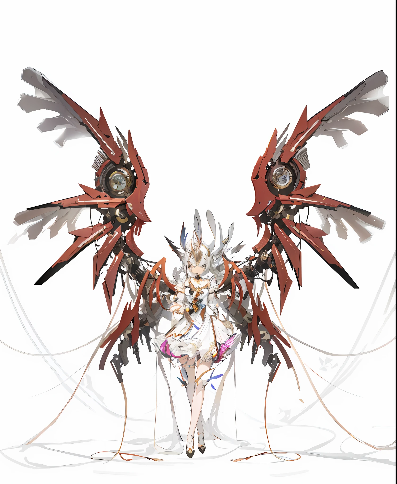 Sagging cables and ribbons, scattered wires，anime character with wings and a dress on a white background, symmetry!! concept art, mechanical wings, mecha wings, huge wings growing out of arms, symmetric concept art, pixiv contest winner, mechanical angel, symetrical wings, anime robotic mixed with organic, pixiv style, wings growing out of arms, with large wings, symmetric wings，upper body, muscular, skindentation, looking to the side, short hair, prosthesis, mechanical arms, synthetic skin,
porcelain, pearl, holographic, titanium, diamond, ruby, sapphire, gemstones, clockwork, grunge, worn edges, armor,