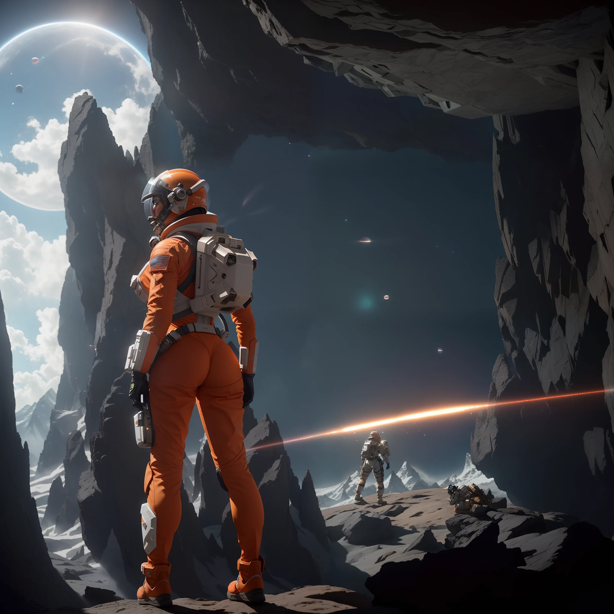 rear angle, Highly detailed RAW color Photo, Rear Angle, Full Body, of (female space soldier, wearing orange and white space suit, helmet, tined face shield, rebreather, accentuated booty), outdoors, (looking up at advanced alien structure, on alien planet), toned body, big butt, (sci-fi), (mountains:1.1), (lush green vegetation), (two moons in sky:0.8), (highly detailed, hyperdetailed, intricate), ((DAY TIME)), (lens flare:0.7), (bloom:0.7), particle effects, raytracing, cinematic lighting, shallow depth of field, photographed on a Sony a9 II, 50mm wide angle lens, sharp focus, cinematic film still from Gravity 2013, from behind