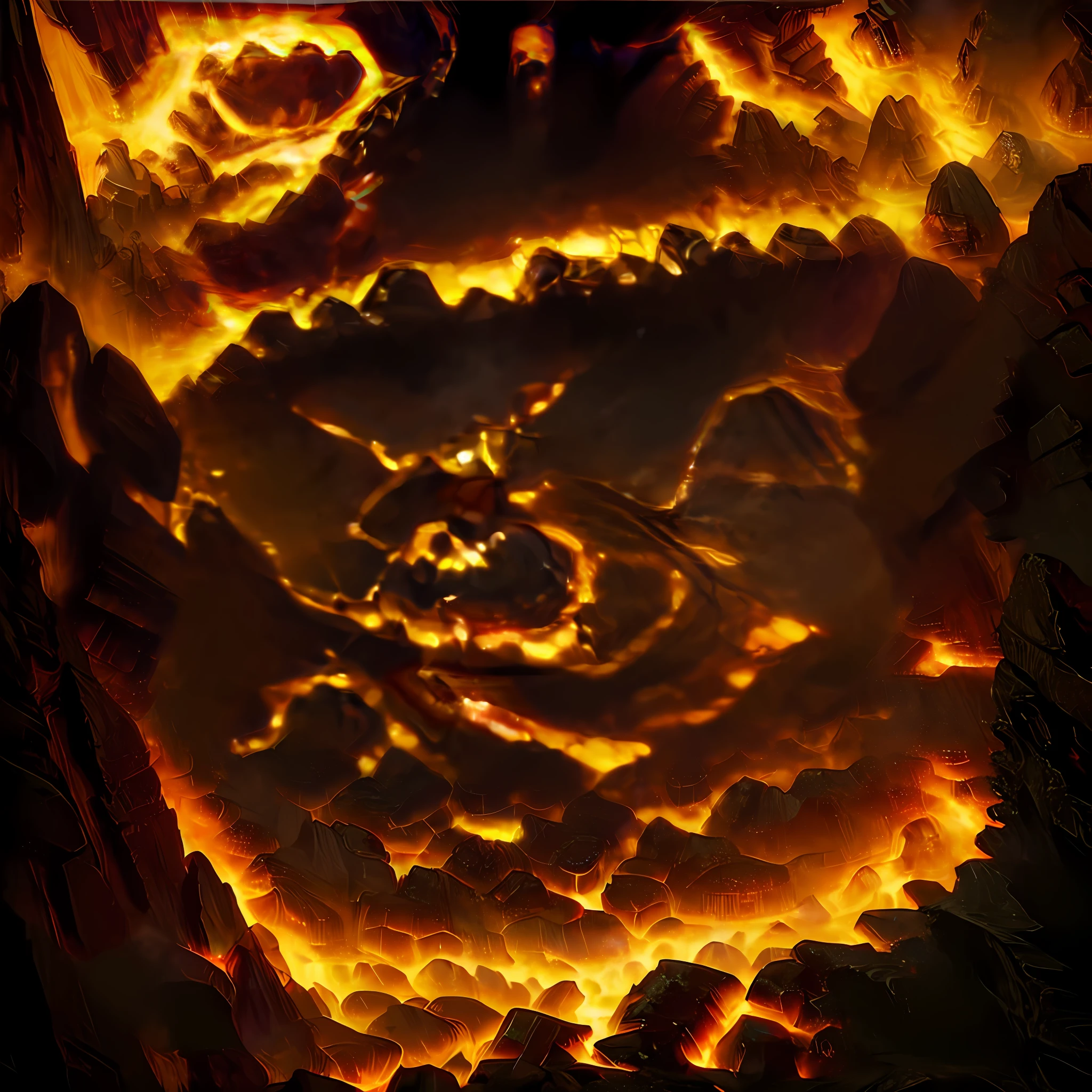 (countless very small fire golems)=1.9, column of lava erupting powerfully into the ceiling of a deep mysterious cave containing archaeological secrets, dark atmosphere, atmospheric lighting, cinematic lighting, best angle, ultra-detailed, intricate, dynamic angle, masterpiece