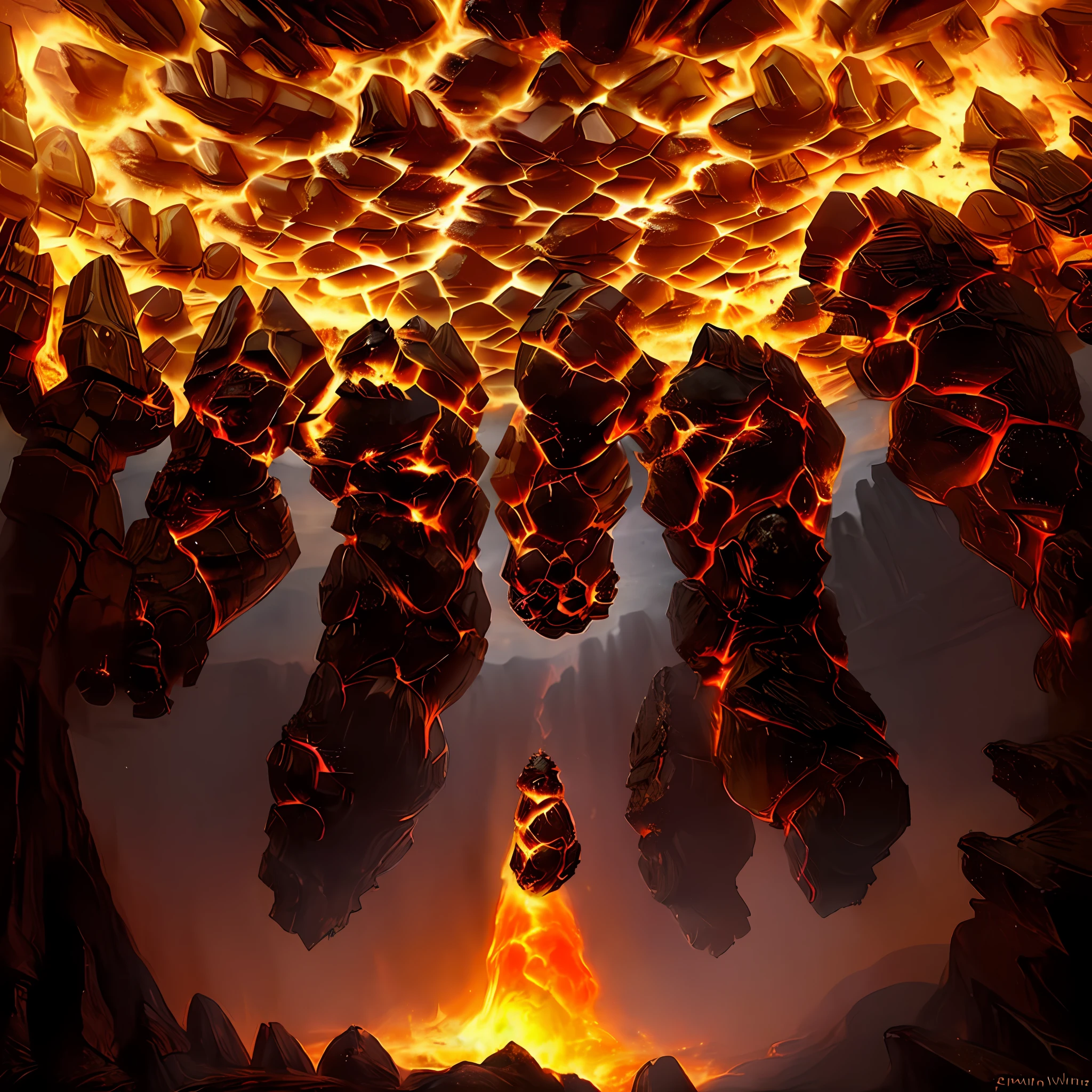 (countless very small fire golems)=1.9, column of lava erupting powerfully into the ceiling of a deep mysterious cave containing archaeological secrets, dark atmosphere, atmospheric lighting, cinematic lighting, best angle, ultra-detailed, intricate, dynamic angle, masterpiece