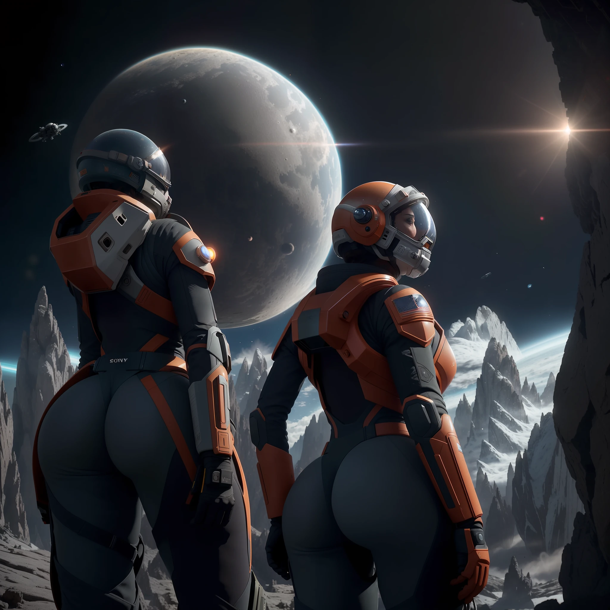 rear angle, Highly detailed RAW color Photo, Rear Angle, Full Body, of (female space soldier, wearing orange and white space suit, helmet, tined face shield, rebreather, accentuated booty), outdoors, (looking up at advanced alien structure, on alien planet), toned body, big butt, (sci-fi), (mountains:1.1), (lush green vegetation), (two moons in sky:0.8), (highly detailed, hyperdetailed, intricate), ((DAY TIME)), (lens flare:0.7), (bloom:0.7), particle effects, raytracing, cinematic lighting, shallow depth of field, photographed on a Sony a9 II, 50mm wide angle lens, sharp focus, cinematic film still from Gravity 2013, from behind