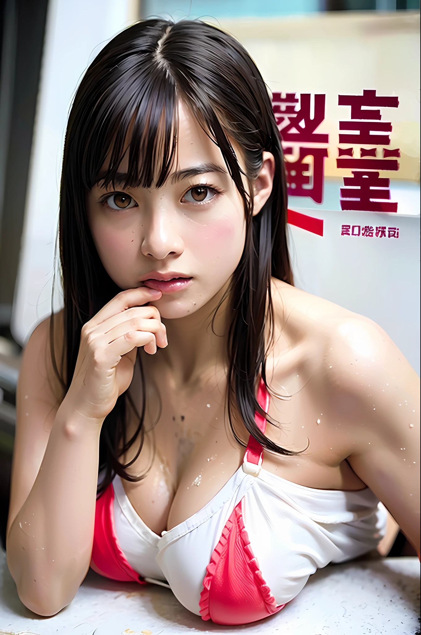 Best quality, masterpiece, ultra high res, (photorealistic:1.4), raw photo, 1girl, DARK hair, shiny skin, WET BODY, dramatic lighting, full body, bitch, micro bikini, huge breasts