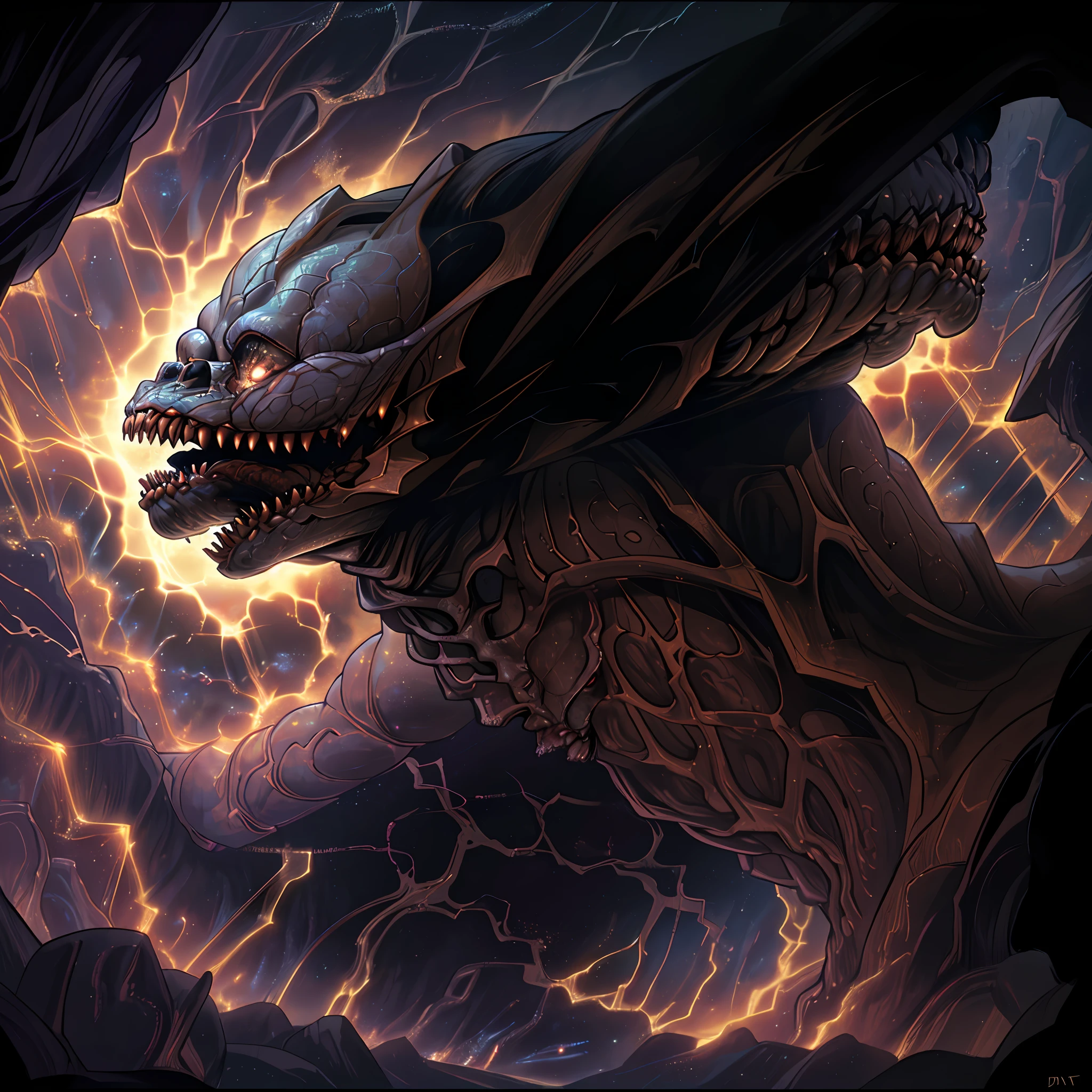 A monstrous worm with the face of a demigorgon bears its demigorgon-like mouth in a deep mysterious cave containing archaeological secrets, dark atmosphere, atmospheric lighting, cinematic lighting, best angle, ultra-detailed, intricate, dynamic angle, masterpiece