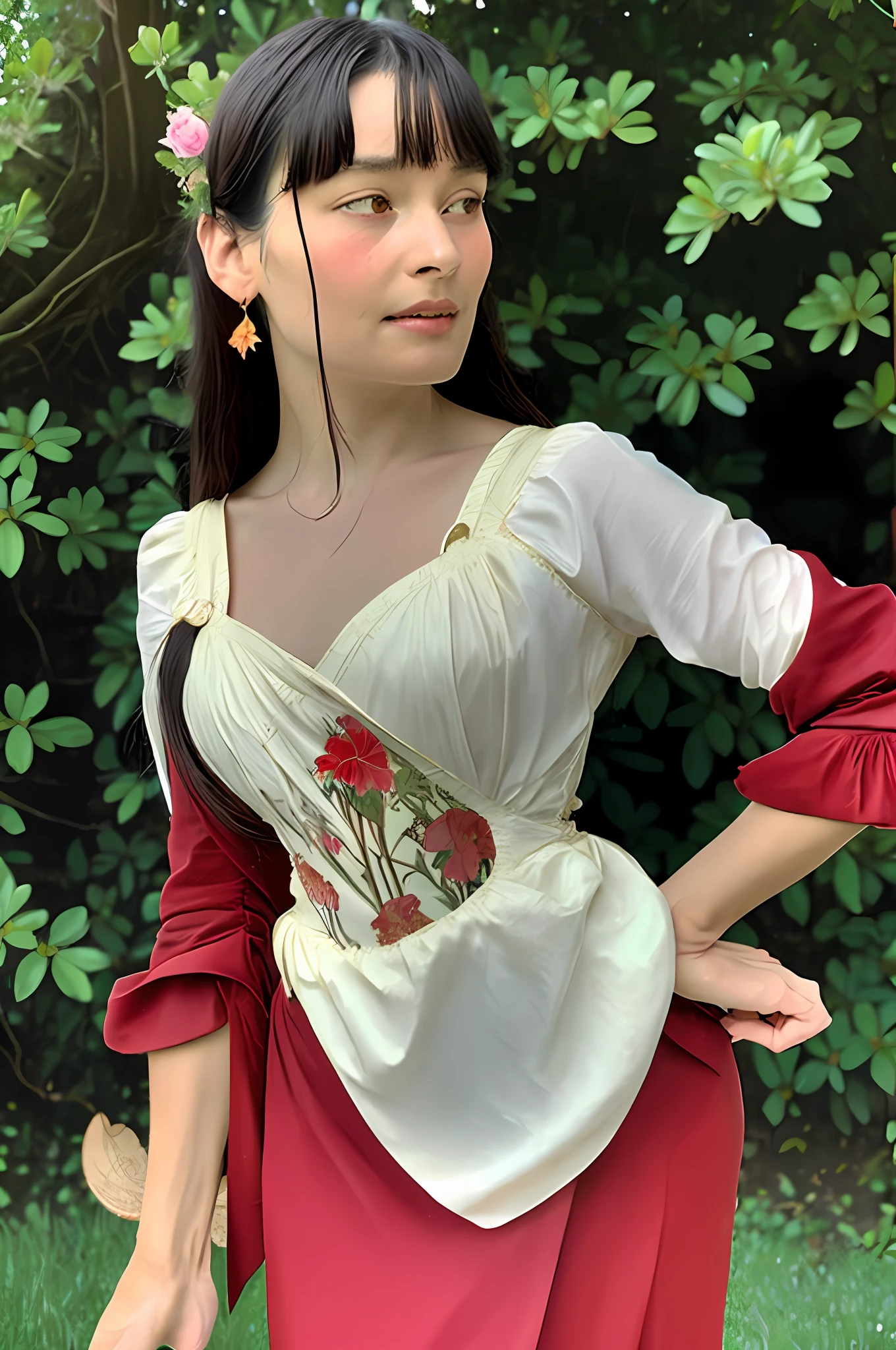 Masterpiece, Best Quality, Alphonse Mucha, text, logo png | Art Nouveau, blunt bangs, long straight black hair, looking at the audience, amidst lush gardens, mysterious young woman in blooming dresses dancing with ethereal creatures Bask in sunlight that illuminates plants, roses, lilies, cherry blossoms, irises, leaves, mosses, and vines. Red dress Jewelry includes floral and leaf pattern necklaces, earrings, rings, bracelets, hair ornaments, goddesses, natural backgrounds such as gardens, forests, lakes, effective use of light and shadow, realistic, 3 Very realistic dimension, Centangle,