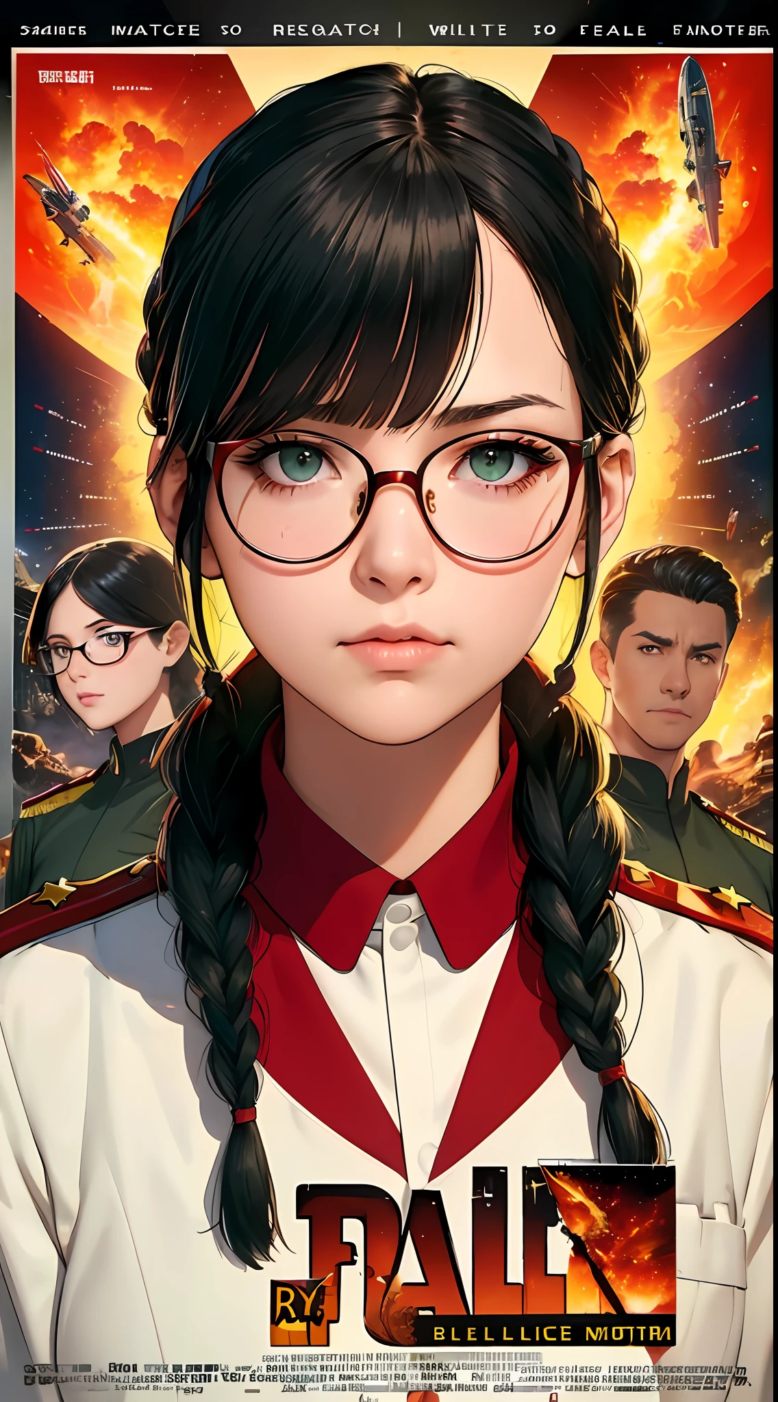 Realistic,(Movie poster with flammable letters written UTOPIA),Realistic,(Realistic face resolution),Adult,Woman,25 years old,Dark green eyes,Dark black hair,Red glasses,(Double braid hairstyle),(Smooth bang shape:1.4)),Commander uniform,Commander uniform,Standing at Air Force Airfield,Science fiction,Sci-fi,(Reference to film Foundation)
