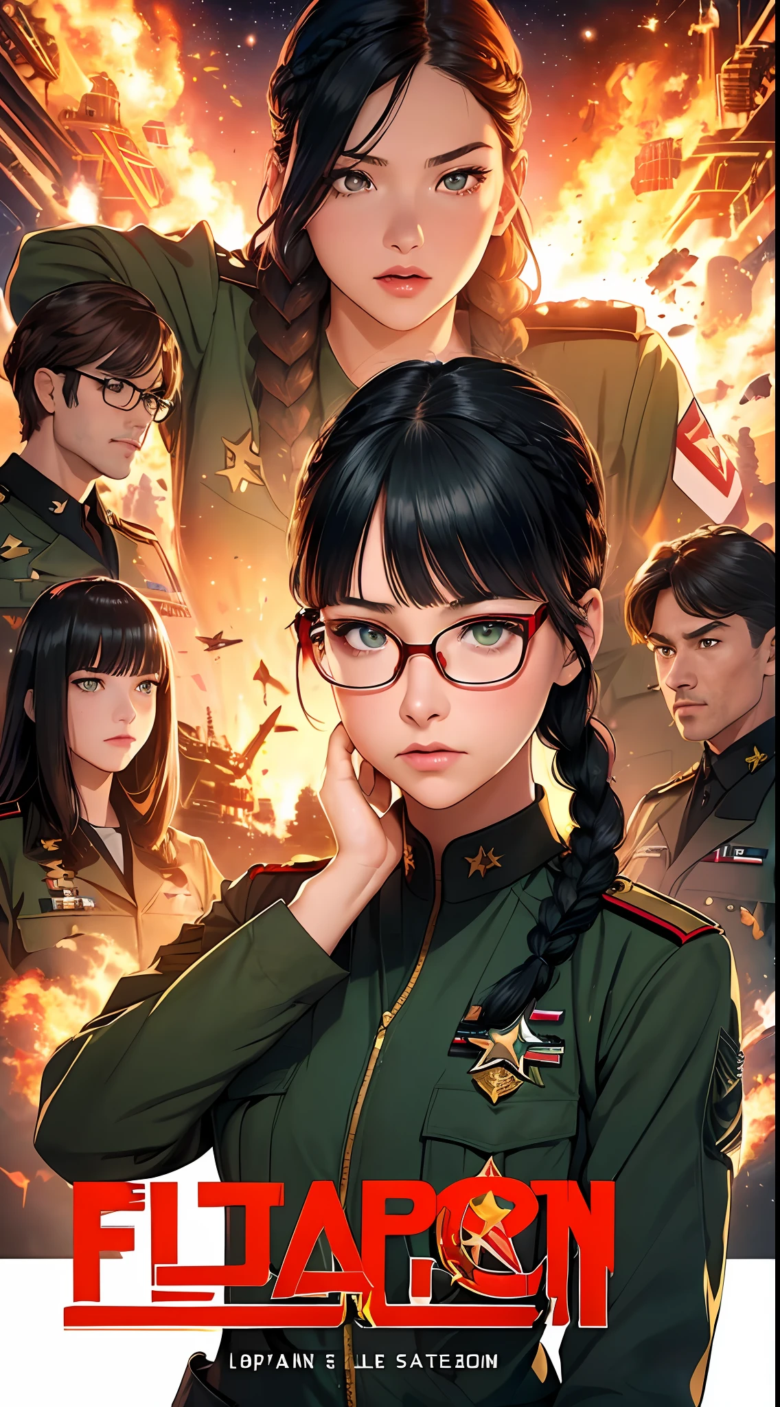 Realistic,(Movie poster with flammable letters written UTOPIA),Realistic,(Realistic face resolution),Adult,Woman,25 years old,Dark green eyes,Dark black hair,Red glasses,(Double braid hairstyle),(Smooth bang shape:1.4)),Commander uniform,Commander uniform,Standing at Air Force Airfield,Science fiction,Sci-fi,(Reference to film Foundation)