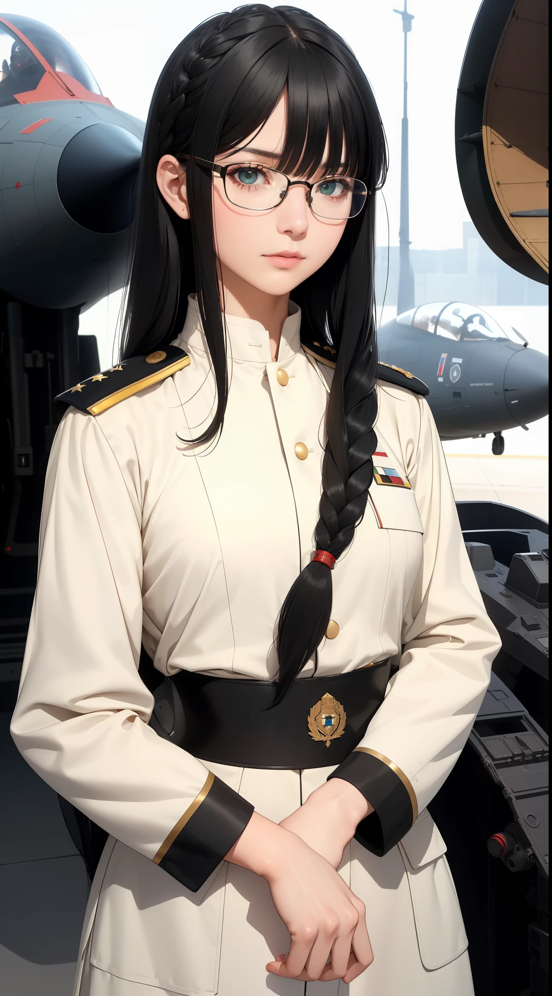 Modest outfit, remote shot, detailed beautiful delicate face, detailed beautiful delicate eyes, perfect facial proportions, high-definition skin, fine skin, four-inch best ratio. With one thumb, a masterpiece, highly detailed, realistic, (World War II German general uniform reference : 1.8), the highest face resolution, adult, modestly dressed woman, dressed entirely, ( small, black hair, black straight bangs, super fine braids, straight bangs, red glasses, dark green eyes), future, science fiction, fighter plane, standing On the landing of a fighter plane, the government agency, a deep intelligent personality, a calm expression, a respectful face, a war, a fighter plane