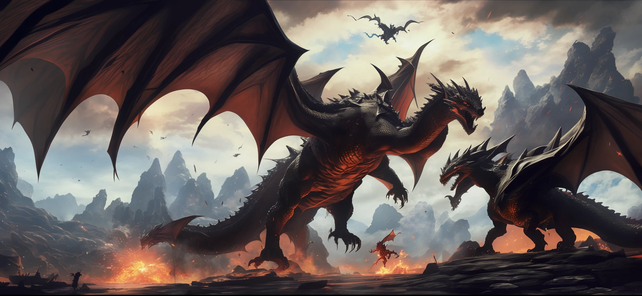 CGI, a female knight standing in front of a dragon with a sword, fighting with dragons, the devil in the snowy mountains as a dragon, super giant monster dragon monster, anime epic artwork, epic fantasy art style HD, dragon in the background, epic fantasy artwork, 2.5D CGI anime fantasy artwork, anime, concept art, pixiv trend, fantasy art, battle with dragons, devil in hell as a dragon, giant monster dragon monster, anime epic artwork, death wing, epic fantasy art style HD, Dragon in the background,
