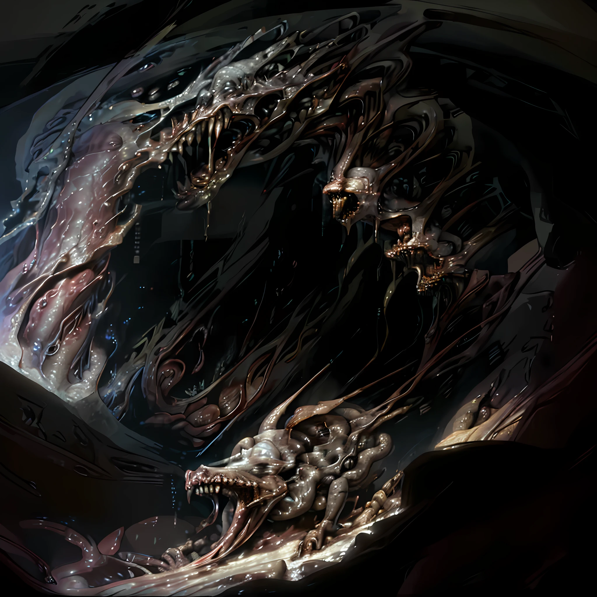 A very long and detailed monstrous worm with the face of a demigorgon bears its demigorgon-like mouth in a deep mysterious cave containing archaeological secrets, dark atmosphere, atmospheric lighting, cinematic lighting, best angle, ultra-detailed, intricate, dynamic angle, masterpiece