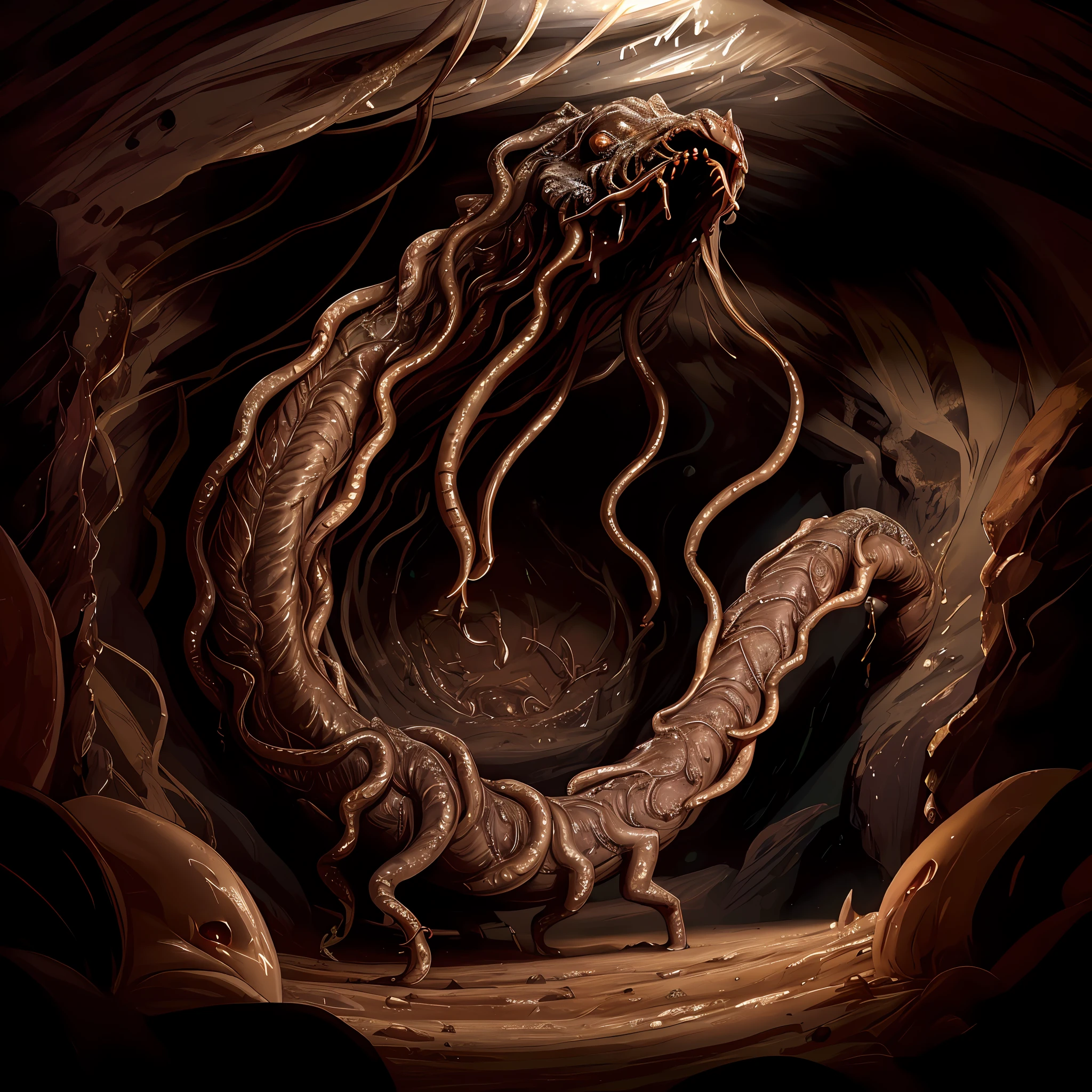 A very long and detailed monstrous worm with the face of a demigorgon bears its demigorgon-like mouth in a deep mysterious cave containing archaeological secrets, dark atmosphere, atmospheric lighting, cinematic lighting, best angle, ultra-detailed, intricate, dynamic angle, masterpiece