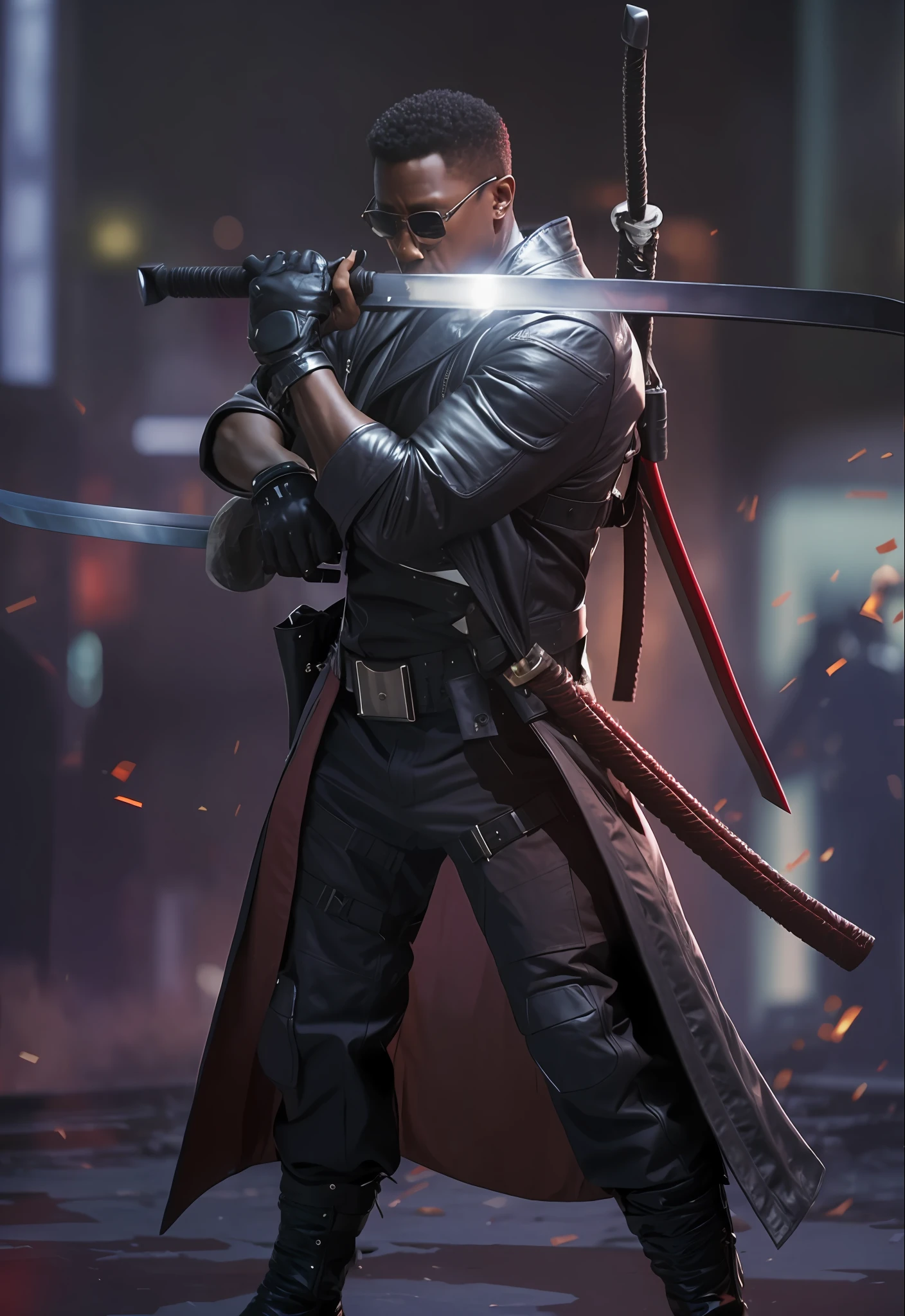 Wesley Snipes, blade, marvel, holding two katanas, sunglasses, black leather overcoat
