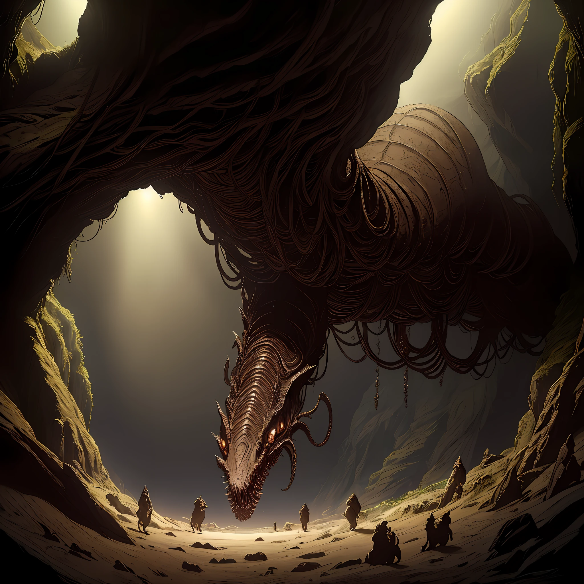 A very long and detailed monstrous worm with the face of a demigorgon bears its demigorgon-like mouth in a deep mysterious cave containing archaeological secrets, dark atmosphere, atmospheric lighting, cinematic lighting, best angle, ultra-detailed, intricate, dynamic angle, masterpiece