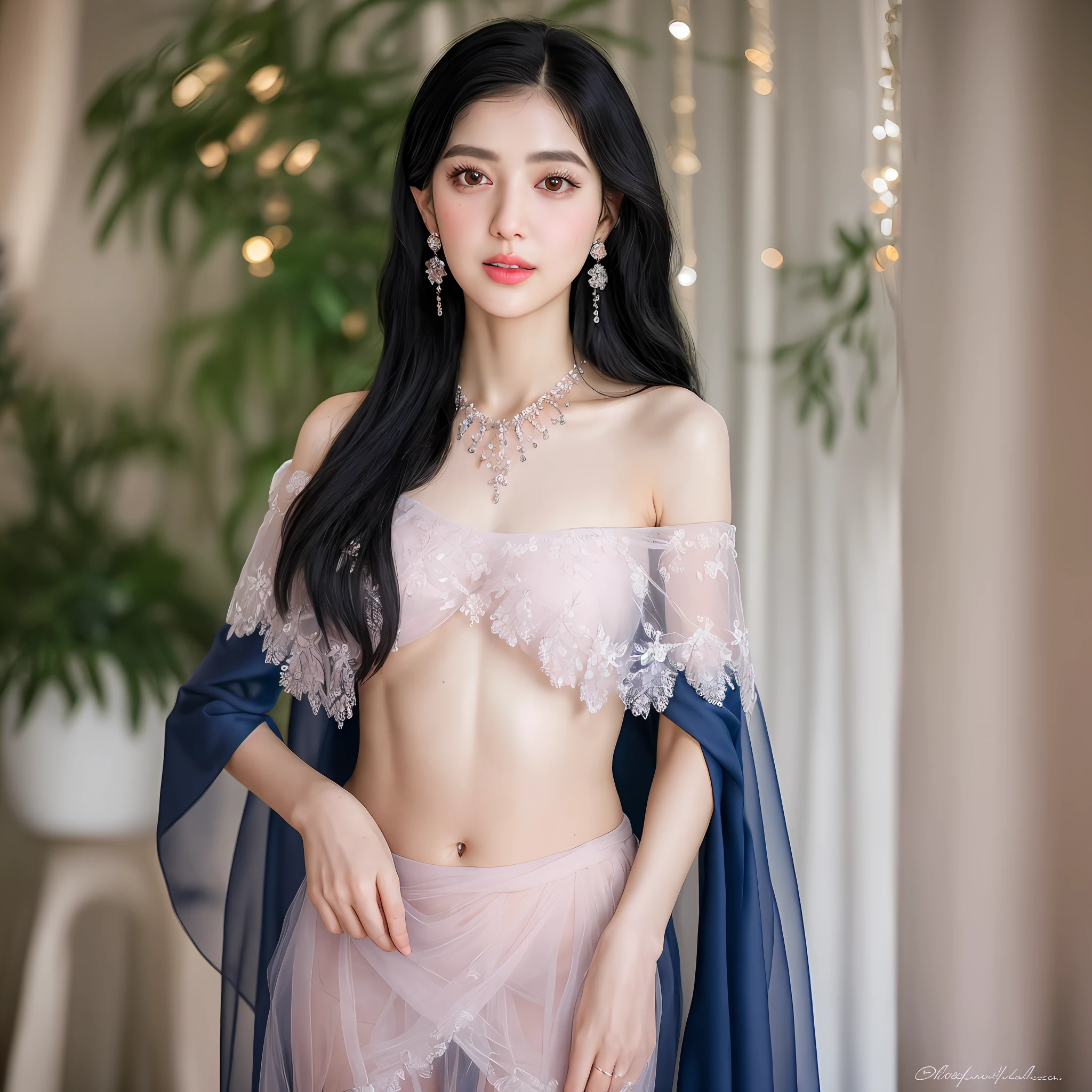 Prompt: Best quality, unlimited detail, high resolution, single, delicate beautiful girl, perfect facial proportions, symmetry, fair skin, delicate black hair (straight hair, silky, shawl), royal blue big eyes, long eyelashes, blush, wet pink lips, look full of charm, delicate necklace, delicate jewelry (hair ornament earring necklace), embroidered bandeau (off-the-shoulder navel, not exposed), tulle shawl, embroidered miniskirt, slender legs, slim figure, precise and perfect body structure, doppelganger photo, facing the camera , aesthetic, romantic, depth of field.