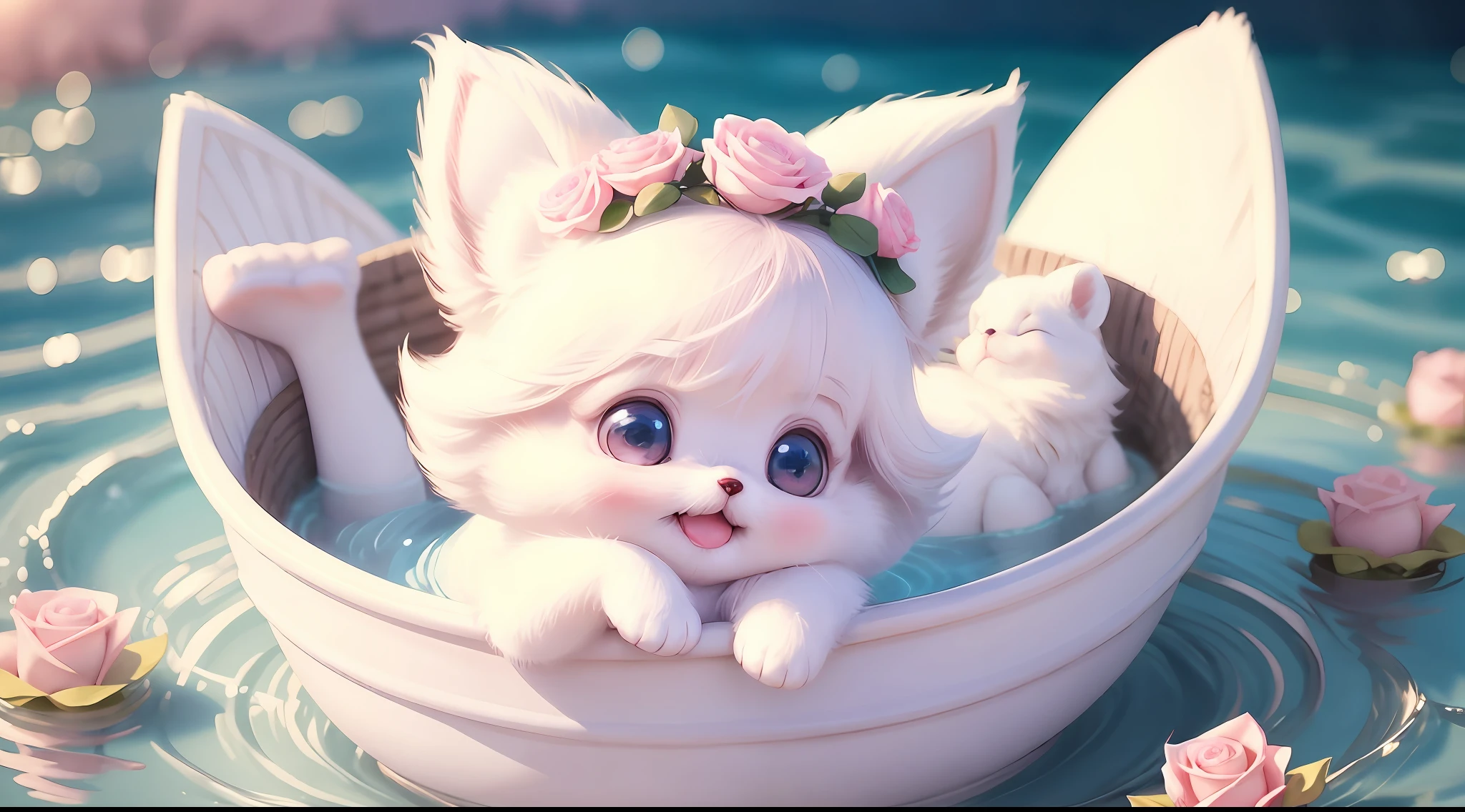 Cute baby Pixar style round white pink Pomeranian baby, little one, with cute ears, happy laughter, blue water spirit big eyes, with light green fairy color rose sea, pink background, sunlight down, fairy tale world, HD Dinis, super detail, wearing a beautiful garland