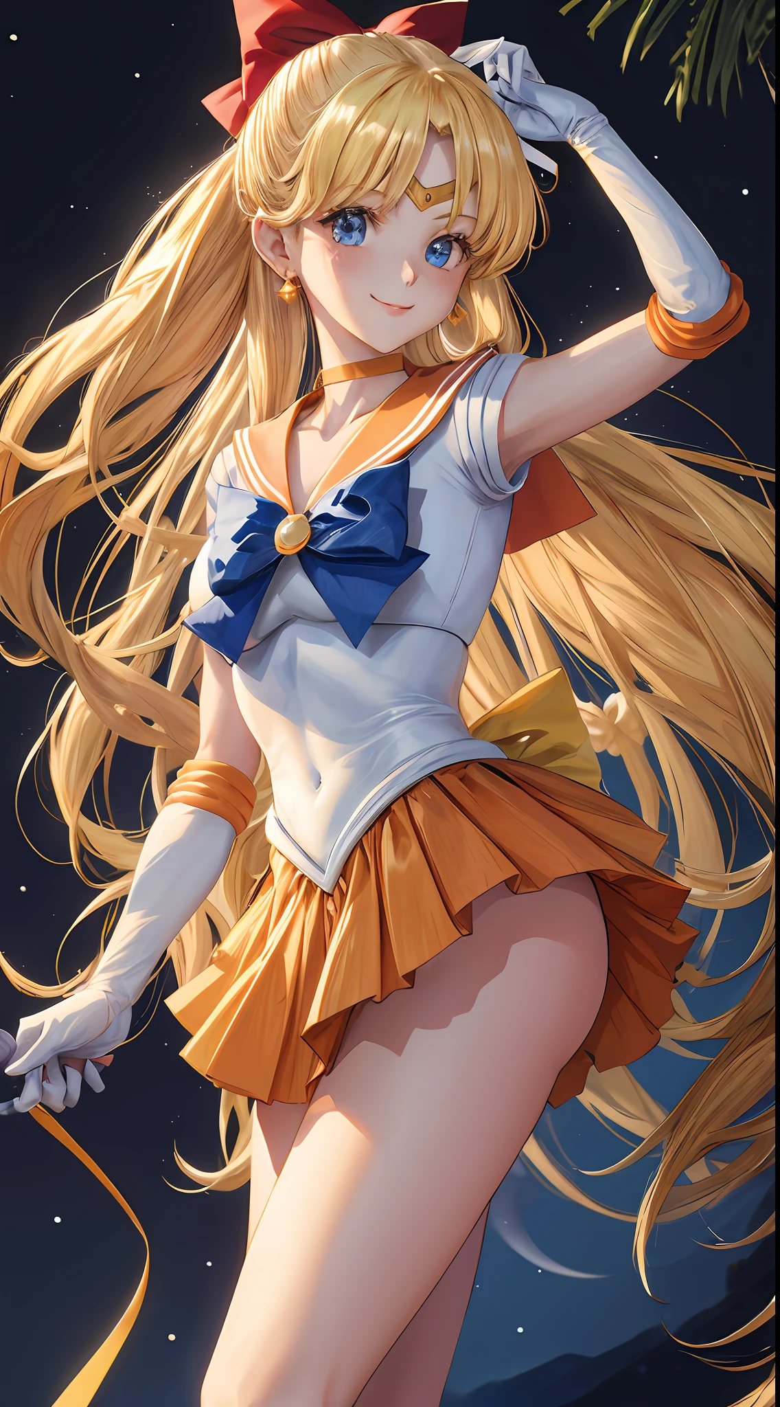 masterpiece, best quality, highres, venus1, 1girl, solo, sailor senshi uniform, sailor venus, aino minako, blonde hair, magical girl, blue eyes, orange skirt, elbow gloves, tiara, pleated skirt, hair bow, orange sailor collar, miniskirt, choker, red bow, orange choker, white gloves, very long hair, jewelry, earrings, cowboy shot, smile,