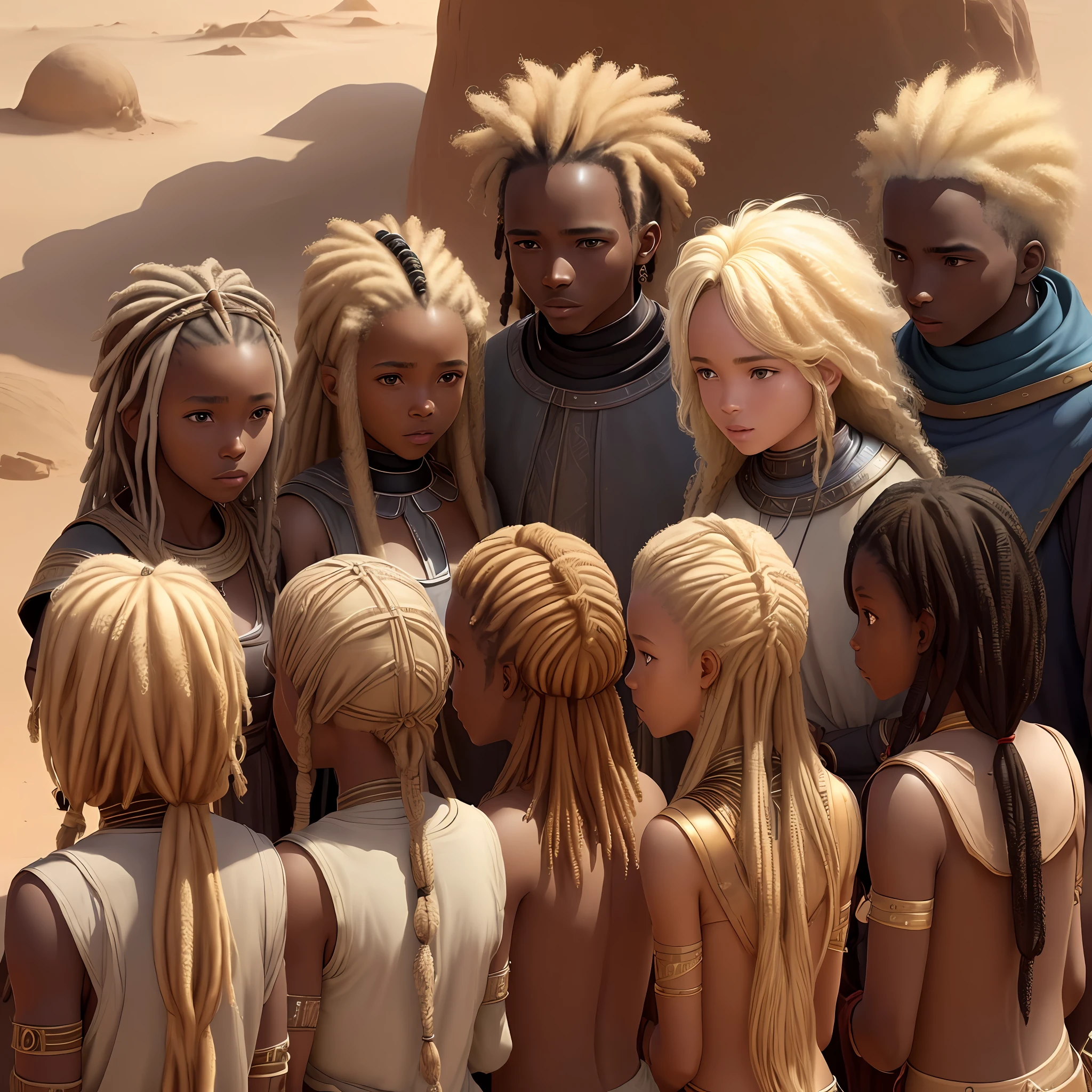A group of people, Africans who live in the desert, the tips of their hair are blonde, have black, medieval skin