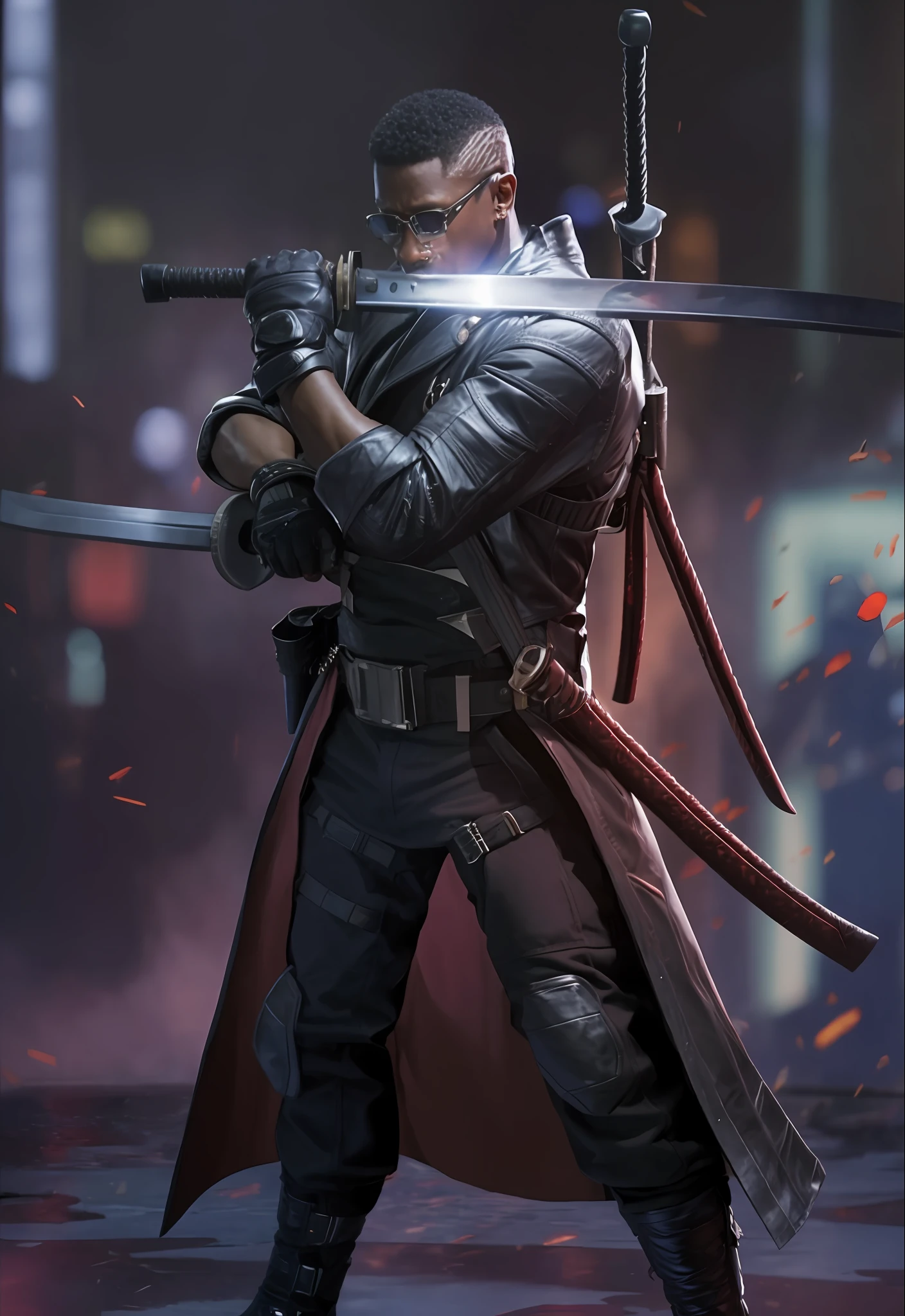 Wesley Snipes, blade, marvel, holding two katanas, black leather overcoat