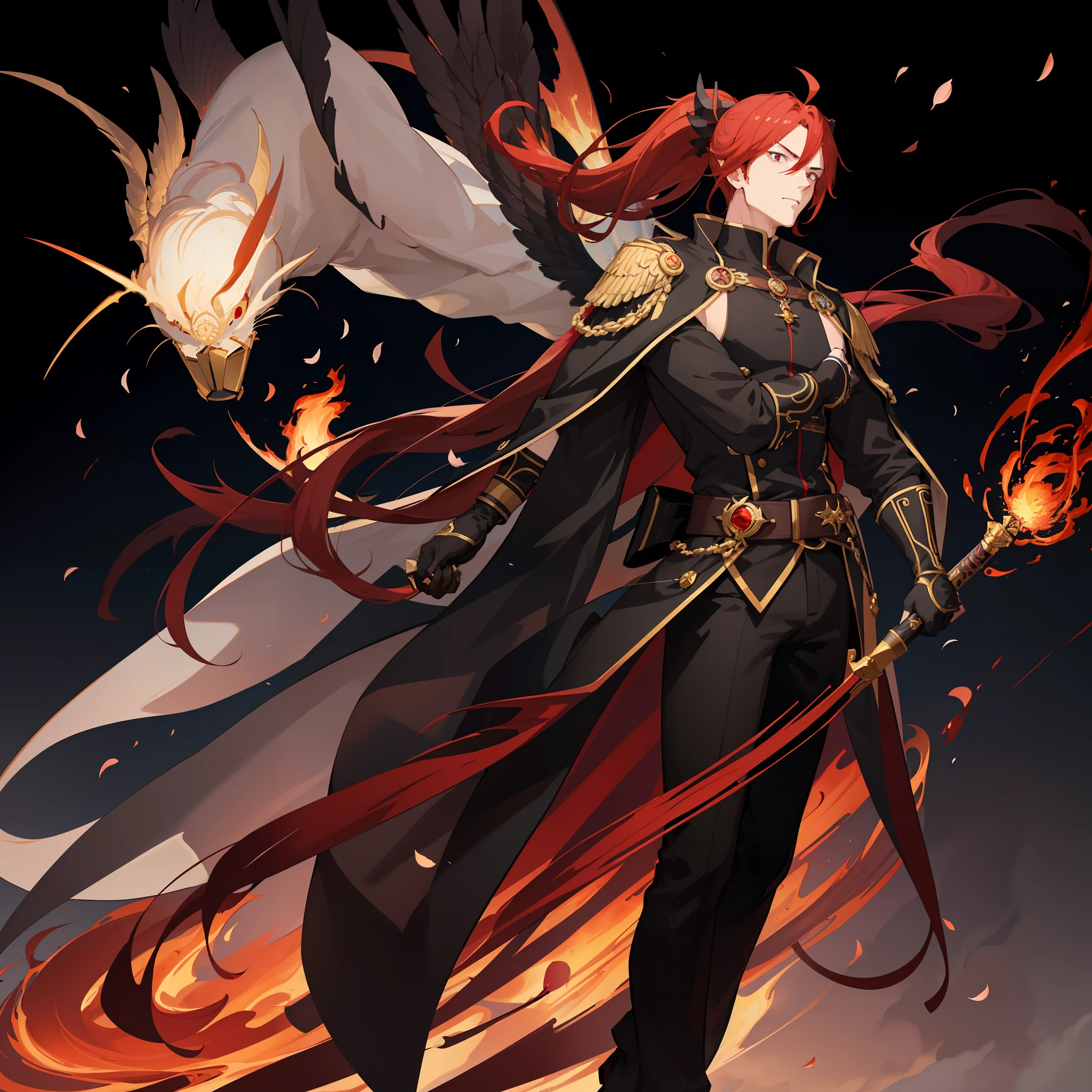 1 Mature man, anime style, diluc ragnvindr, genshin impact, long red hair tied in a high ponytail, beautifully detailed red eyes, dark circles under eyes, stern expression, wearing a long black coat detailed with gold trimmings, black pants with a pyro vision hanging off the side of the belt, black gloves with red underneath, his arm extended with a falcon sitting on his forearm. Wielding a large flame claymore, Tight tank top underneath black coat exposing his abs, best quality, high definition, wallpaper, moonlit background with sakura blossoms