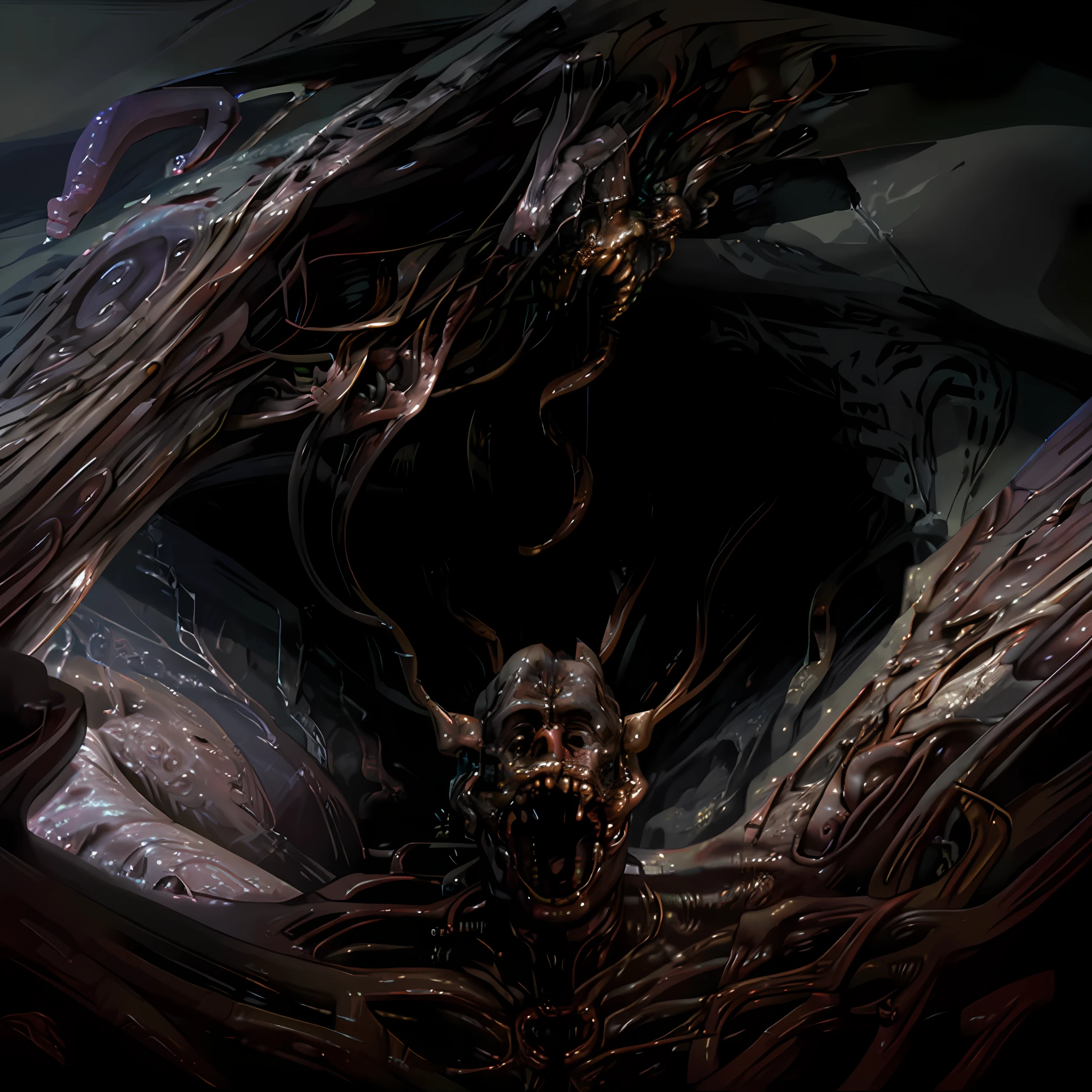 A very long and detailed monstrous worm with the face of a demigorgon bears its demigorgon-like mouth in a deep mysterious cave containing archaeological secrets, dark atmosphere, atmospheric lighting, cinematic lighting, best angle, ultra-detailed, intricate, dynamic angle, masterpiece
