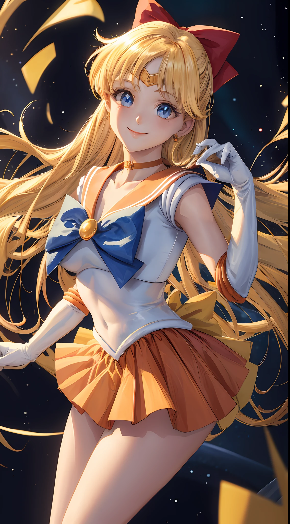 masterpiece, best quality, highres, venus1, 1girl, solo, sailor senshi uniform, sailor venus, aino minako, blonde hair, magical girl, blue eyes, orange skirt, elbow gloves, tiara, pleated skirt, hair bow, orange sailor collar, miniskirt, choker, red bow, orange choker, white gloves, very long hair, jewelry, earrings, cowboy shot, smile,