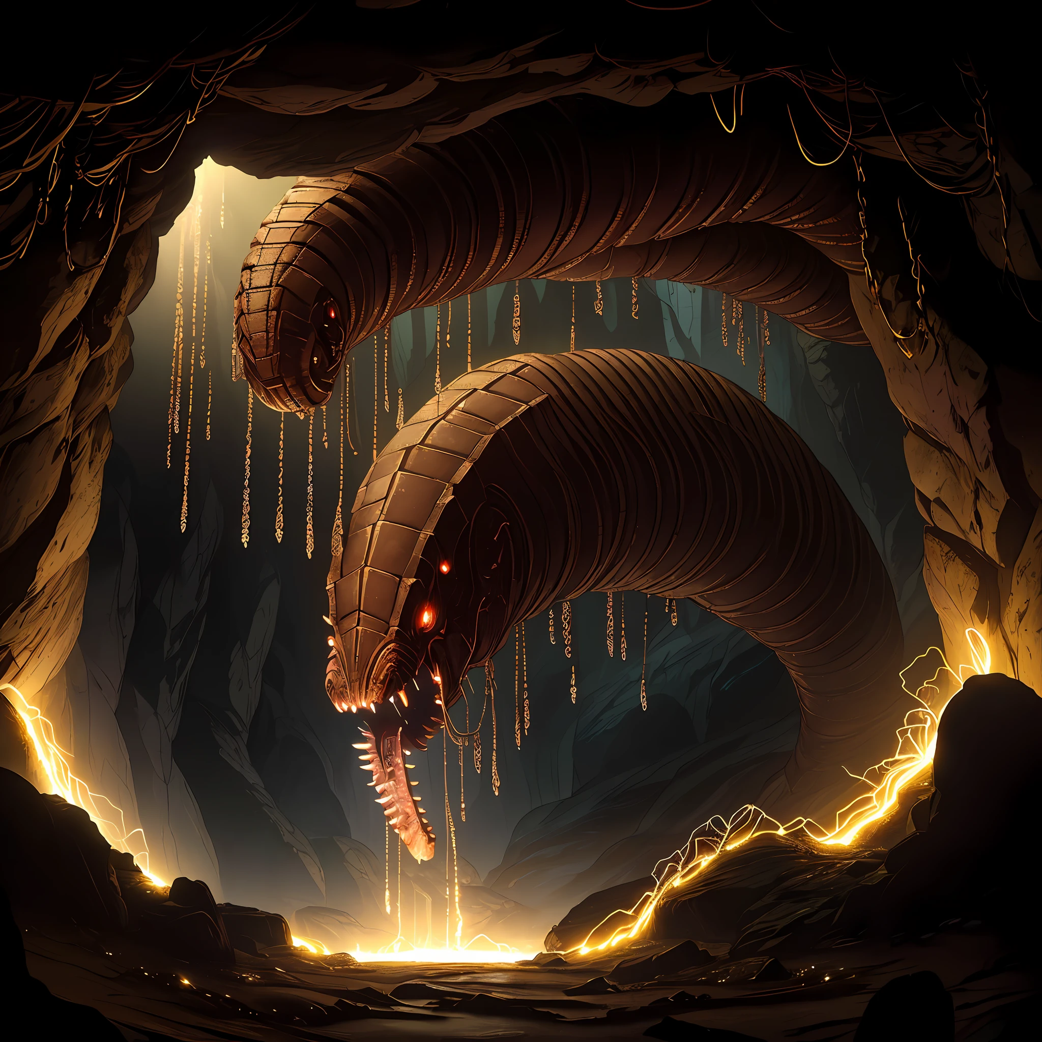 A very long and large worm with the face of a demigorgon bears its demigorgon-like mouth in a deep mysterious cave containing archaeological secrets, dark atmosphere, atmospheric lighting, cinematic lighting, best angle, ultra-detailed, intricate, dynamic angle, masterpiece, (scene lit by glowing ancient runes)=1.4