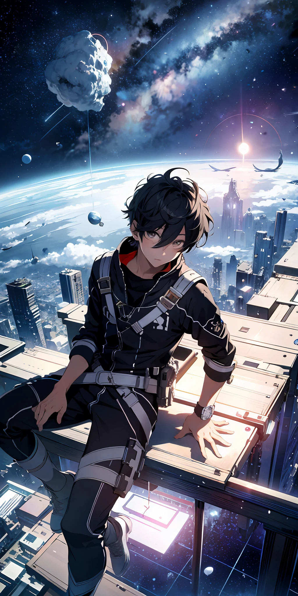 ridiculous resolution, high resolution, (masterpiece:1.4), super detailed, 1boy, seen from above, space, floating, --v 6