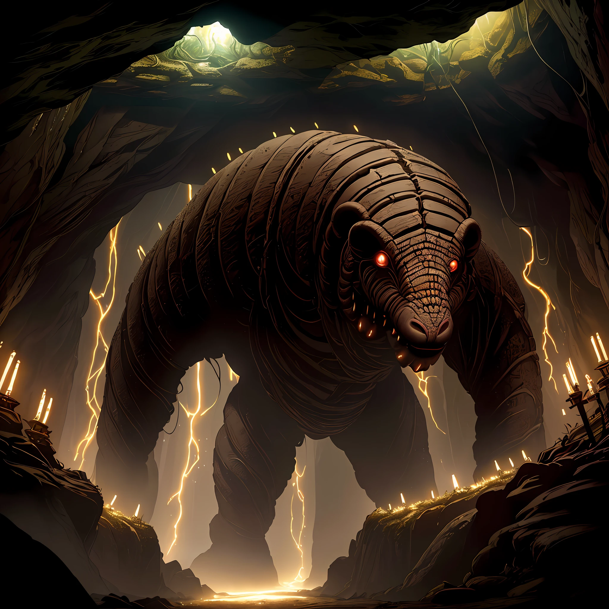 A very long and large worm with the face of a demigorgon bears its demigorgon-like mouth in a deep mysterious cave containing archaeological secrets, dark atmosphere, atmospheric lighting, cinematic lighting, best angle, ultra-detailed, intricate, dynamic angle, masterpiece, (scene lit by glowing ancient runes)=1.4,looking at viewer, fisheye lens