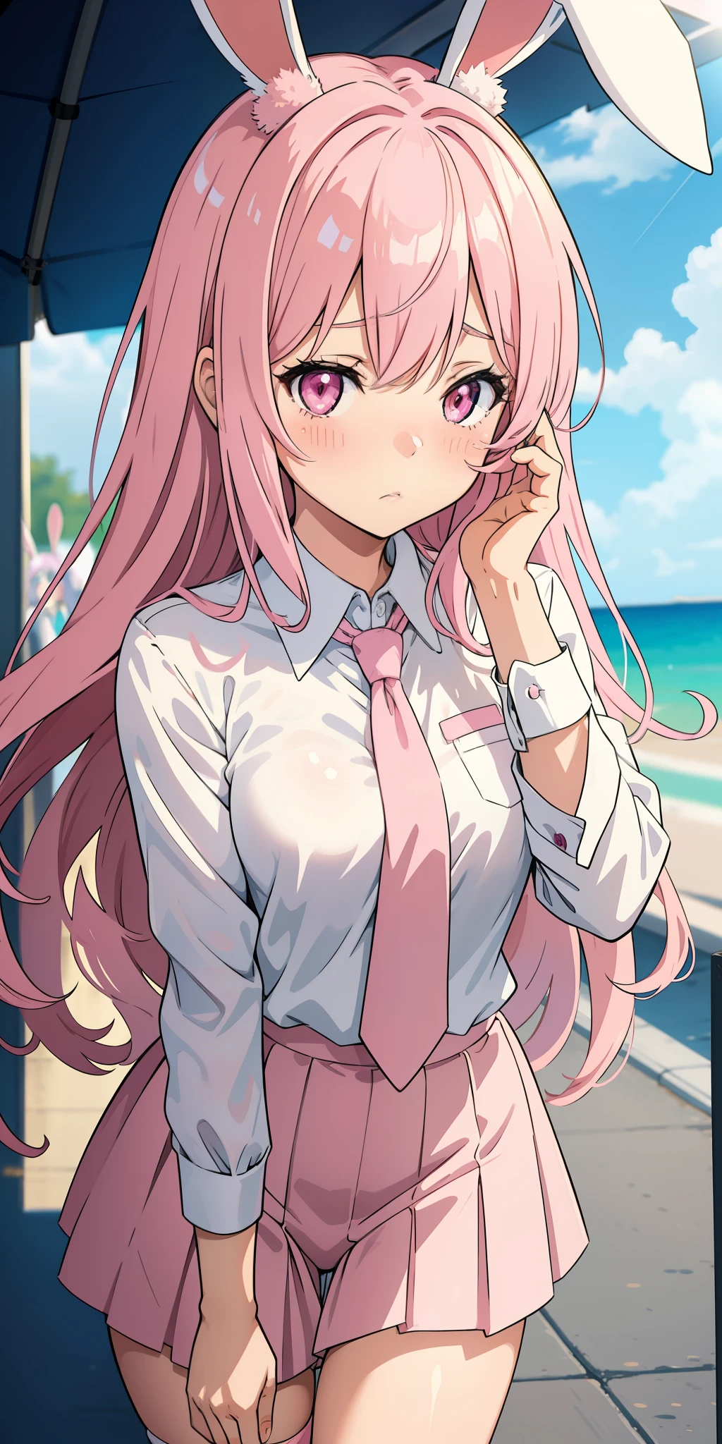 Anime girl with pink hair and bunny ears in pink tie, pink eyes, shy blush