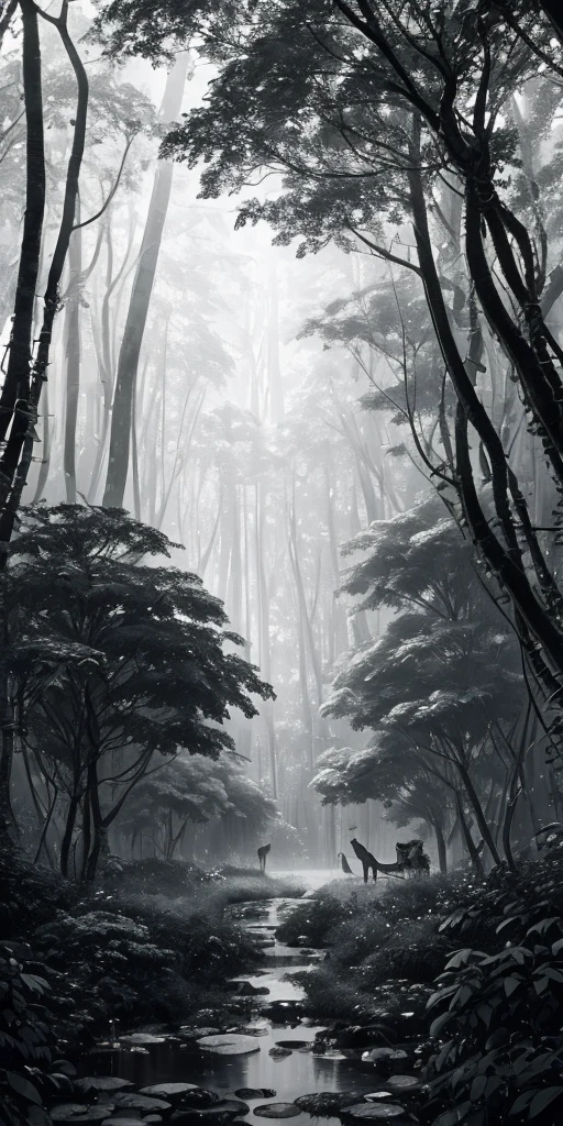 Jungle, heavy rainfall, monochrome, vines everywhere, huge and damp trees, reindeer standing in the middle all the way, masterpiece, best quality, high quality, very detailed CG uniform 8k wallpaper, oil painting, award-winning photography, bokeh, depth of field, HDR, bloom, chromatic aberration, realism, very detailed, trends on artstation, trends on CGsociety, intricacies, high detail, drama, midjourney art, volumetric lighting