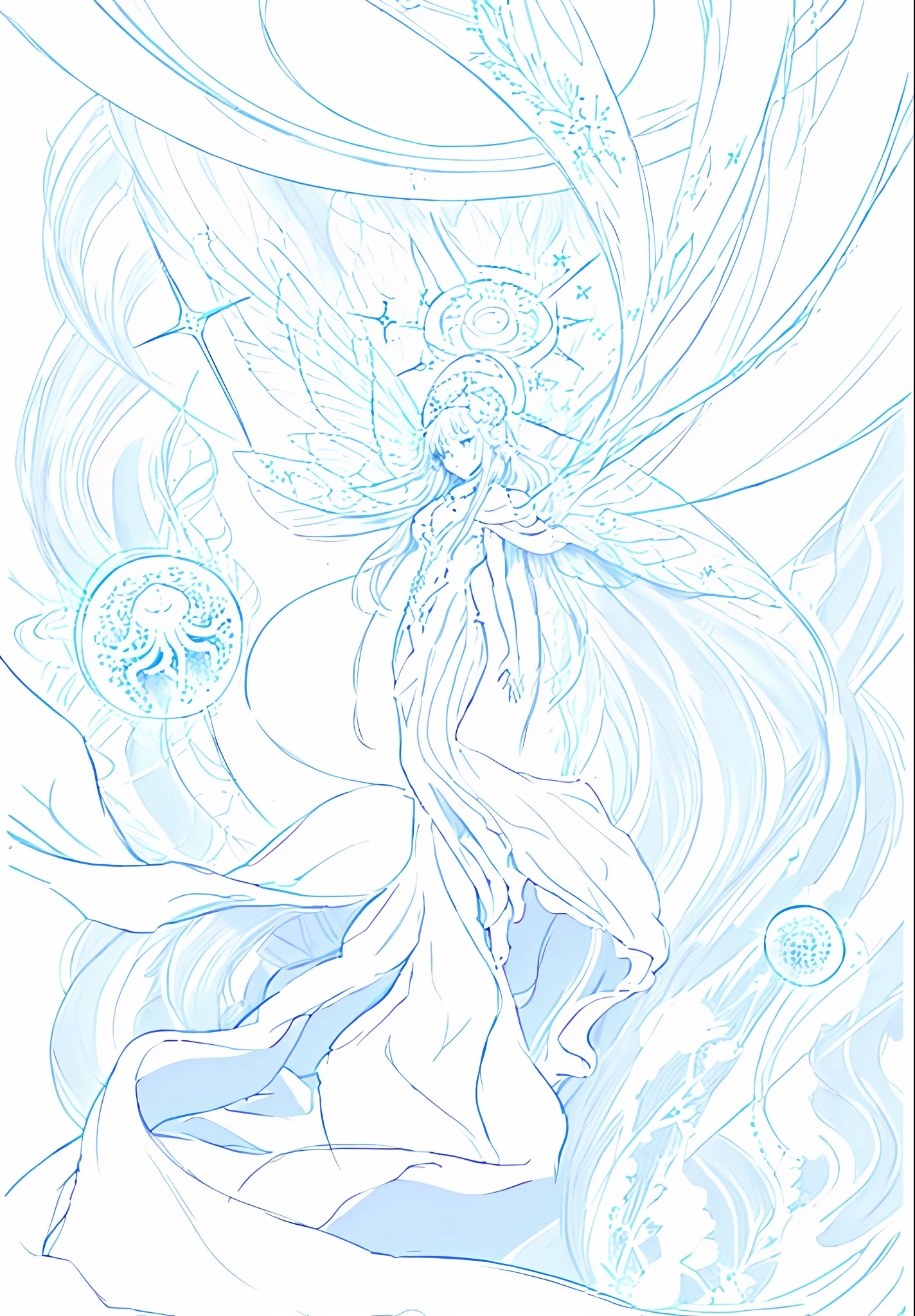 a drawing of a woman with a long dress and a cross, astral fairy, sketch of a lucid dream, jellyfish priestess, clean anime outlines, goddess of space and time, sky witch, outline sketch, exquisite line art, clean lineart, astral ethereal, flowing hair and long robes, goddess. extremely high detail, concept art sketch, line sketch