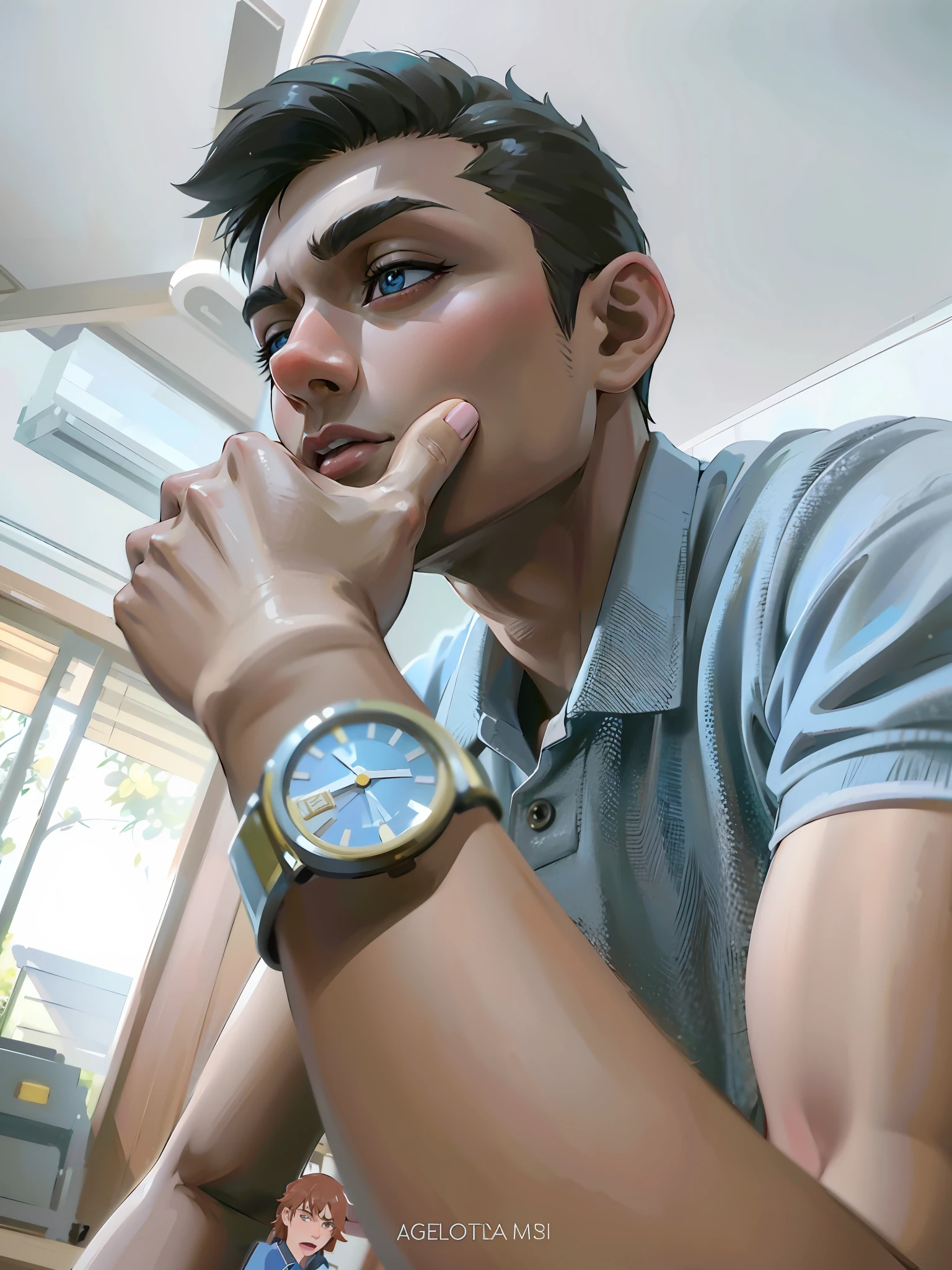 (masterpiece),(best quality:1.0), (ultra highres:1.0), detailed illustration, 8k, anime, 1boy, anime boy, wearing a blue polo shirt, detailed face, perfect face, anime eyes, detailed eyes, dark brown eyes, wrist watch, detailed hair, highlights in hair, highly detailed, anime style, vibrant