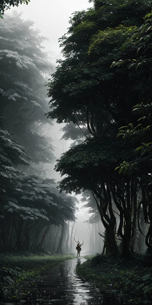 Jungle, heavy rainfall, monochrome, vines everywhere, huge and damp trees, a reindeer standing in the middle, masterpiece, best quality, high quality, very detailed CG uniform 8k wallpaper, oil painting, award winning photography, bokeh, depth of field, HDR, bloom, chromatic aberration, realism, very detailed, trends on artstation, trends on CGsociety, intricacies, high detail, drama, midjourney art, volumetric lighting