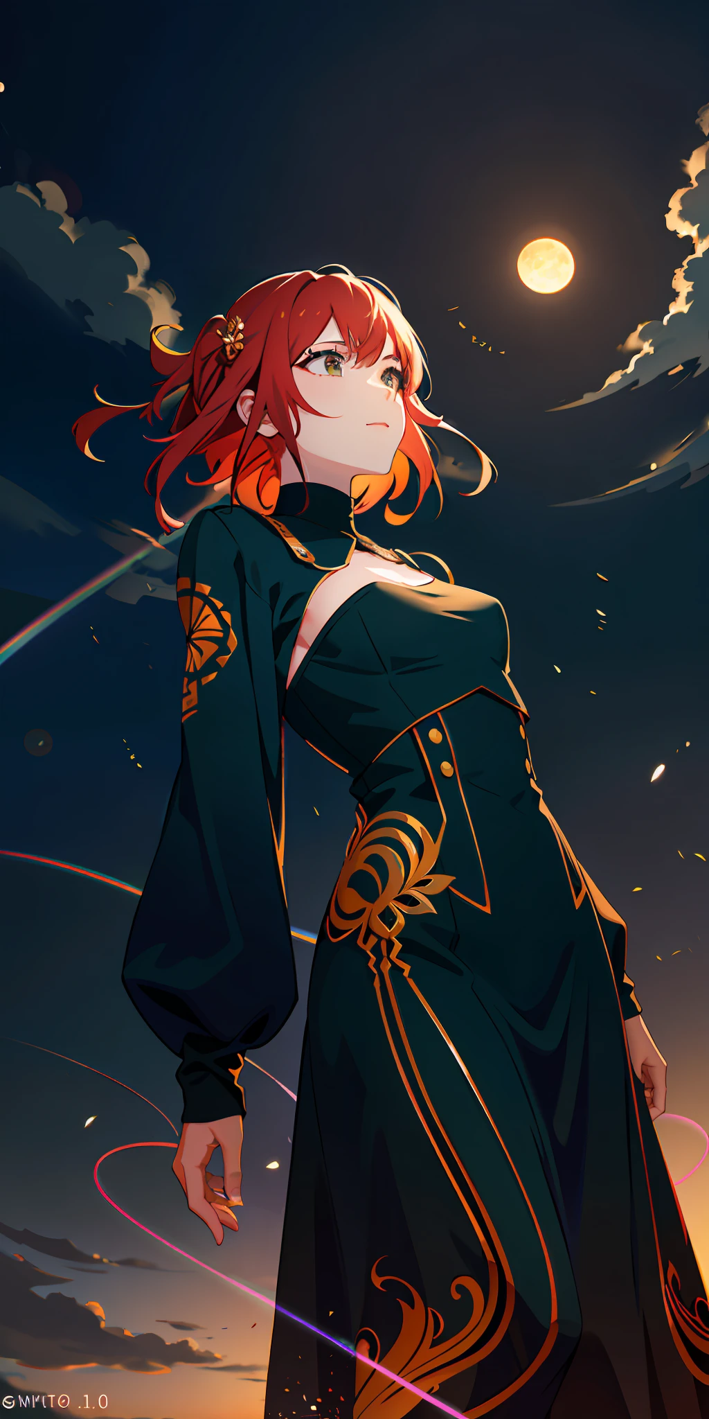 A wide landscape photo, (viewed from below, the sky is above, and the open field is below), a girl standing on a flower field looking up, (full moon: 1.2), (meteor: 0.9), (nebula: 1.3), distant mountains , Trees BREAK Crafting Art, (Warm Light: 1.2), (Firefly: 1.2), Lights, Lots of Purple and Orange, Intricate Details, Volumetric Lighting BREAK (Masterpiece: 1.2), (Best Quality), 4k, Ultra Detailed, (Dynamic Composition: 1.4), Rich in Detail and Color, (Rainbow Color: 1.2), (Glow, Atmospheric Lighting), Dreamy, Magical, (Solo: 1.2)