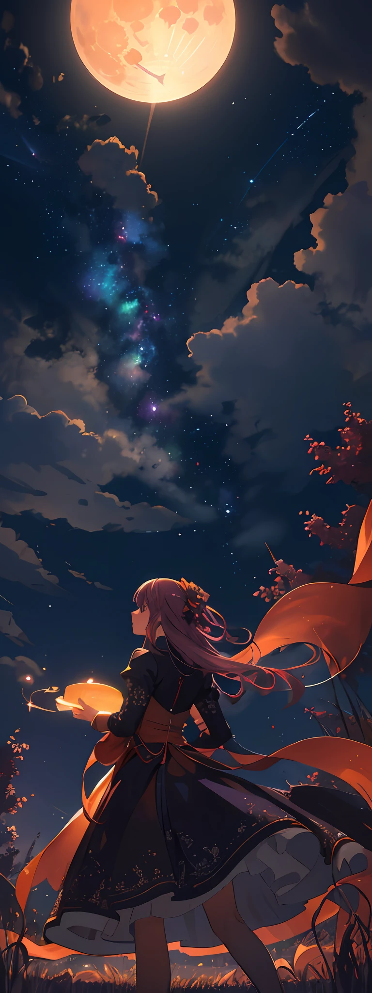 A wide landscape photo, (viewed from below, the sky is above, and the open field is below), a girl standing on a flower field looking up, (full moon: 1.2), (meteor: 0.9), (nebula: 1.3), distant mountains , Trees BREAK Crafting Art, (Warm Light: 1.2), (Firefly: 1.2), Lights, Lots of Purple and Orange, Intricate Details, Volumetric Lighting BREAK (Masterpiece: 1.2), (Best Quality), 4k, Ultra Detailed, (Dynamic Composition: 1.4), Rich in Detail and Color, (Rainbow Color: 1.2), (Glow, Atmospheric Lighting), Dreamy, Magical, (Solo: 1.2)