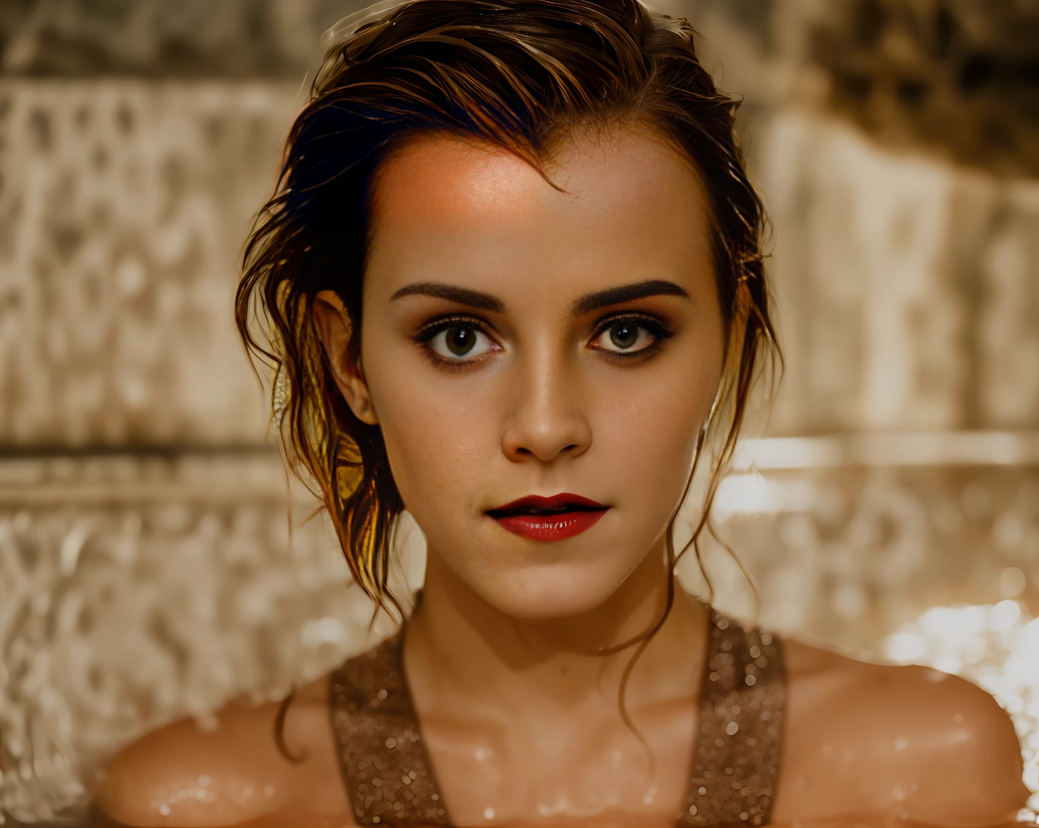 emma watson, (((wet hair))), red lipstick, eye shadow, wet, soaked, detailed hair, realistic skin texture, pores, texture, detailed eyes, professional, 4k, shot on Canon, 85mm, max detail, roughness, real life, ultra realistic,