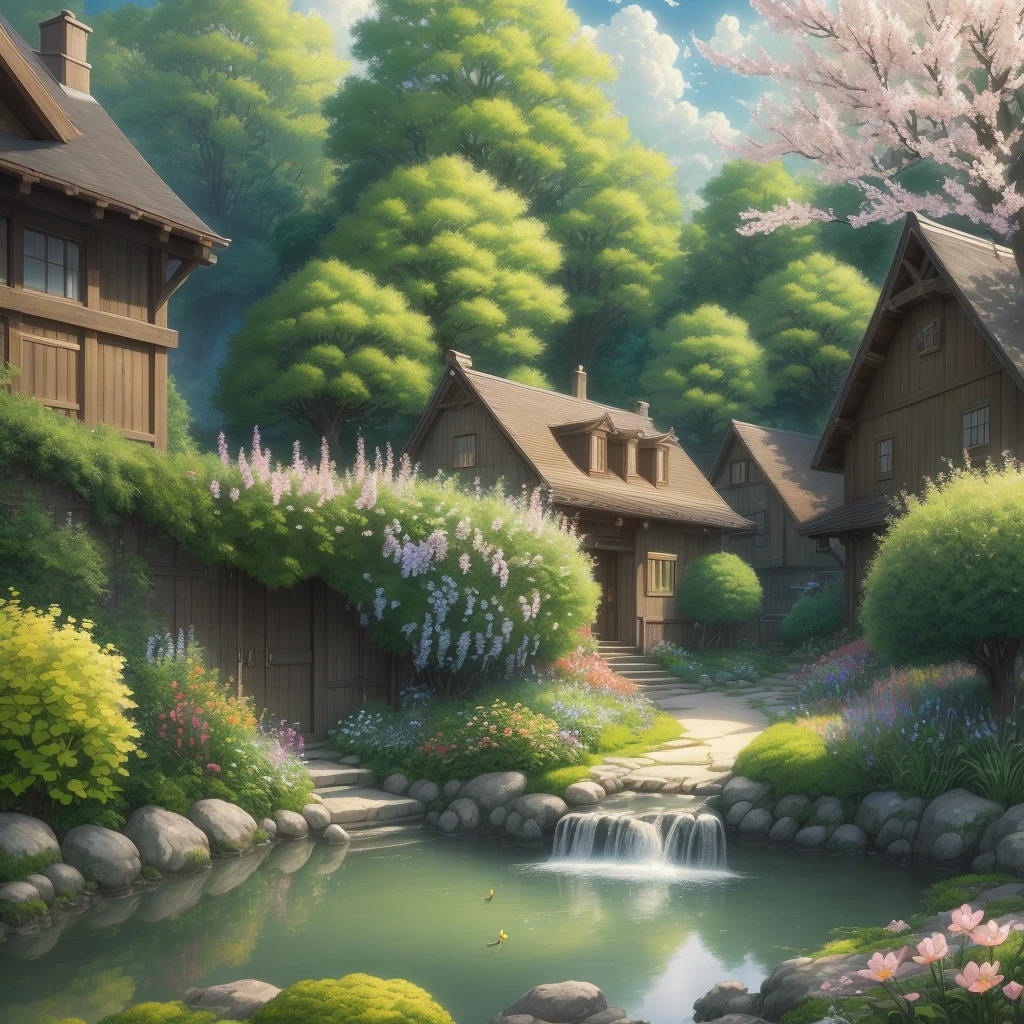 Masterpiece, best quality, official art, extremely detailed CG unity 8k wallpaper, outdoors, animals, spring \(seasons\), cloudy sky, studio ghibli, garden, village,