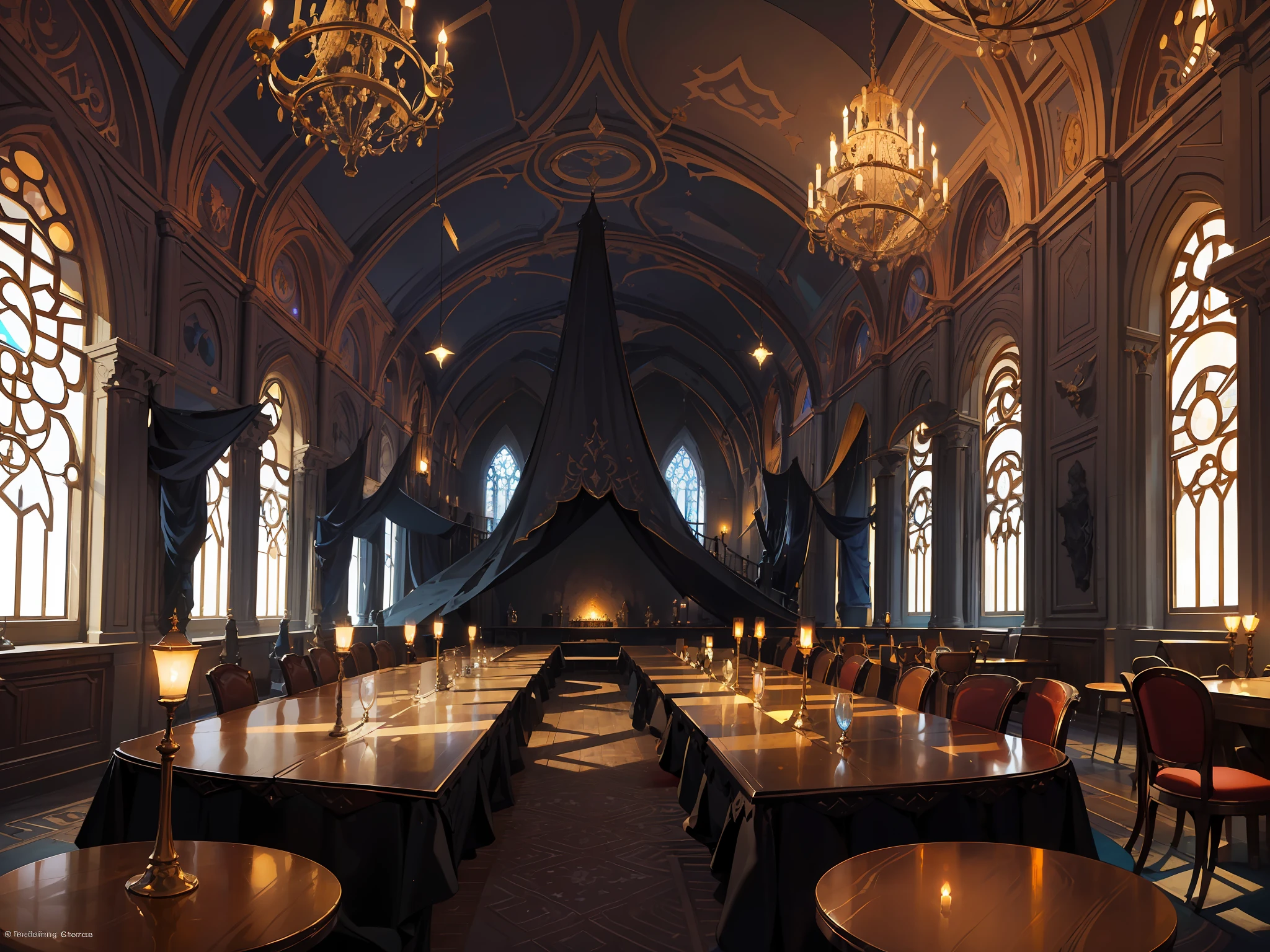 The dining room is a tall and spacious room supported by four huge stone pillars. The interior of the cafeteria is brightly lit, the walls are covered with mysterious paintings, and four long tables are placed in the center of the cafeteria, each long enough to accommodate hundreds of students. , thousands above the table ((candles floating in mid-air))) illuminate the restaurant. Four long tables are lined with glittering gold plates and goblets. On the top table of the restaurant is a long table with a twinkling star on the velvety black ceiling. , Fantastic Fantasy 2 D Concept Art, Painting Concept Art, Fantasy Concept Art, Concept Art Amazing Atmosphere, Concept Art Style, Fantastic Concept Art, Inspired by Andreas Rocha, Concept Art Magical Highlights, Medieval Concept Art, --v6