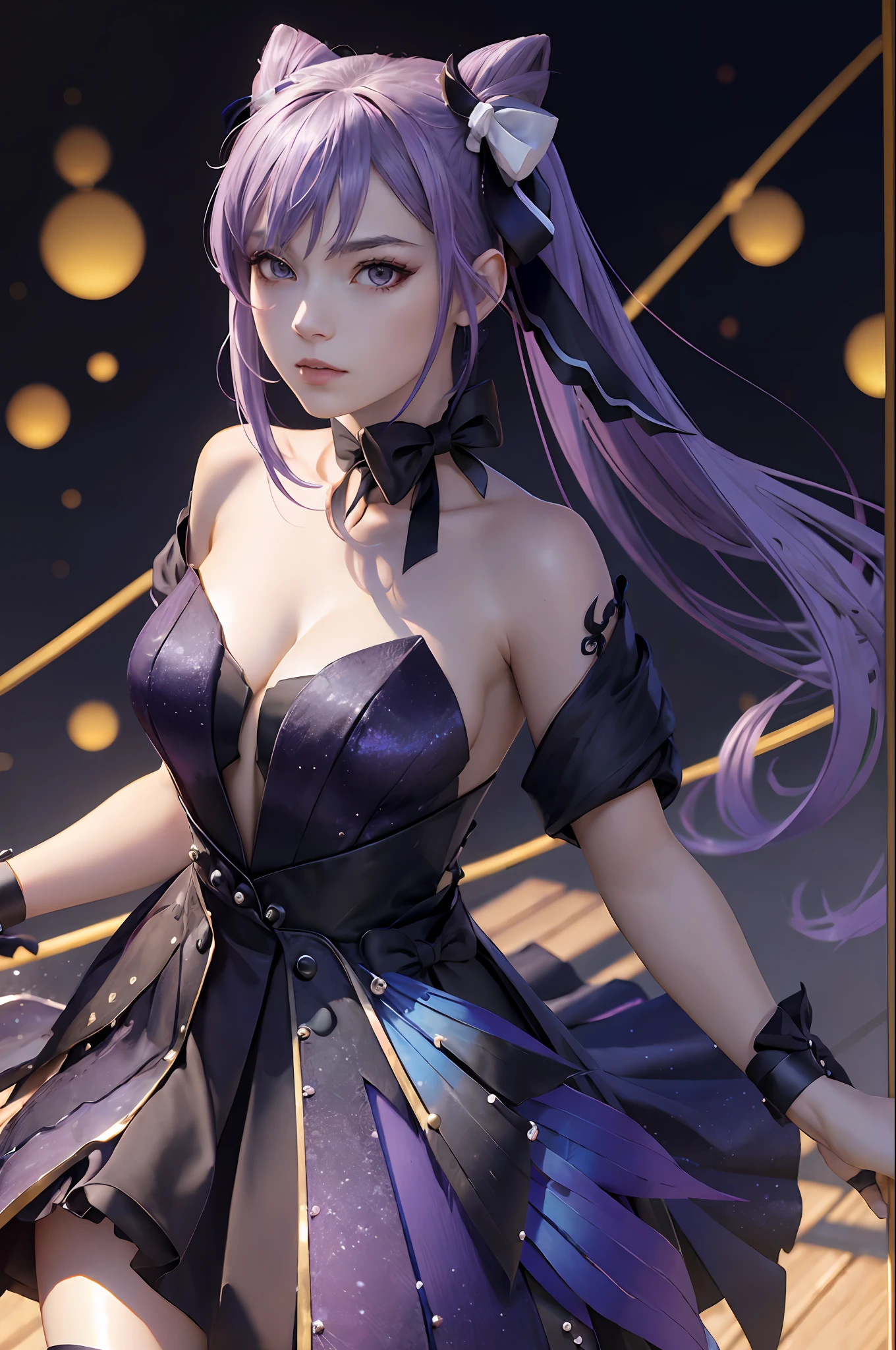 ((photorealistic)), (masterpiece, top quality, best quality, light relflection in his eyes, 1girl, woman), keqing (opulent splendor) (genshin impact), keqing (genshin impact), official alternate costume, dress, cone hair bun, night, strapless dress, looking at viewer, long hair, cleavage, black dress, hair bun, strapless, bare shoulders, purple hair, bangs, bow, detached collar, purple eyes, diamond-shaped pupils, ribbon, double bun, twintails, two-tone dress, medium breasts, hair ornament, black bow, hair ribbon, blue dress, bowtie, hair between eyes