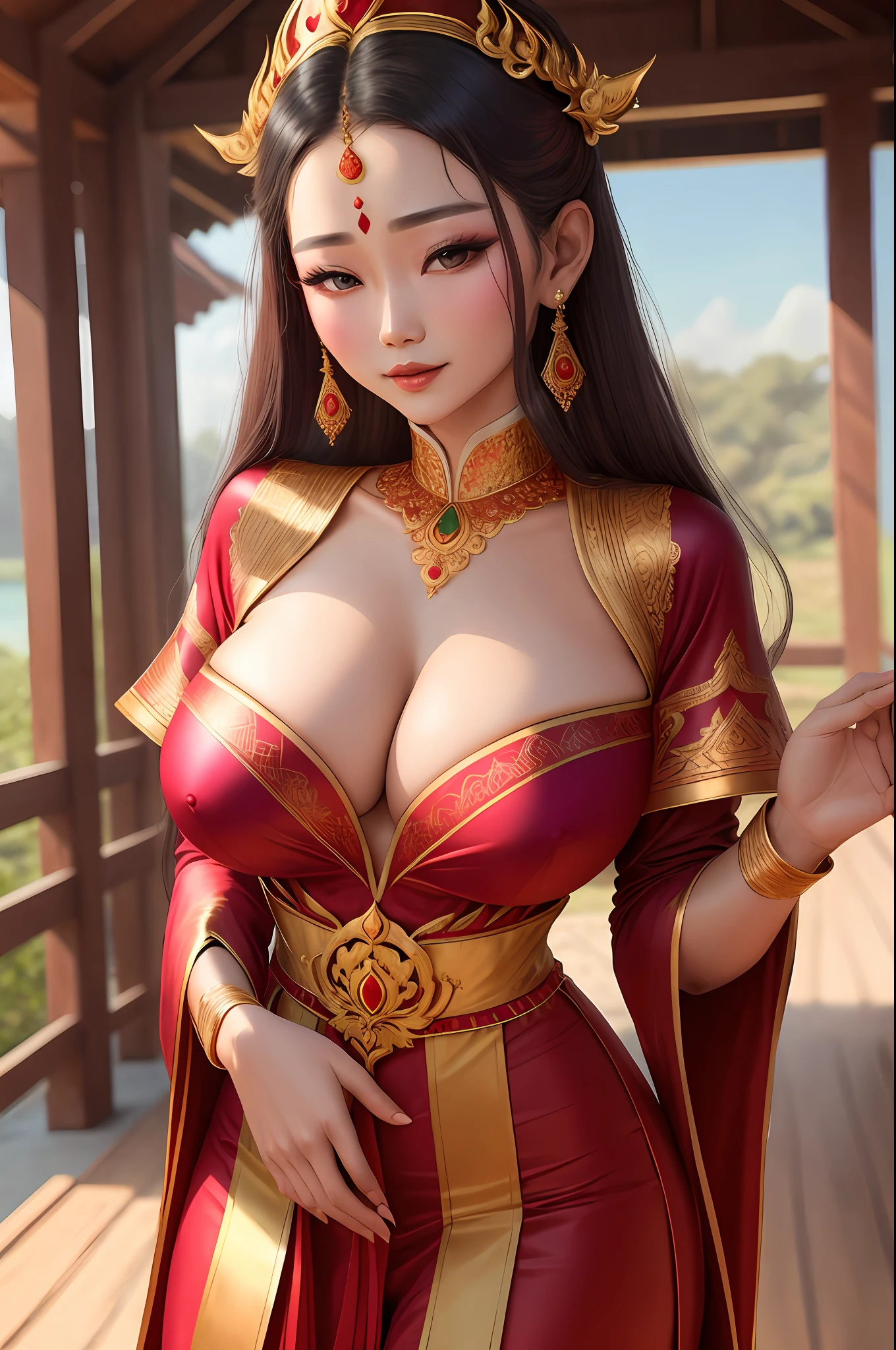 details skin texture Myanmar princess, Myanmar Traditional princess dress, big boobs no bra