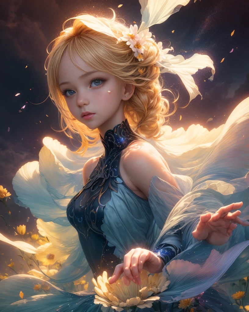 (best quality, masterpiece), 1girl, pose, particle, wind, flower, upper body, simple background, looking at viewer, blonde, galaxy,backlit,rimlight