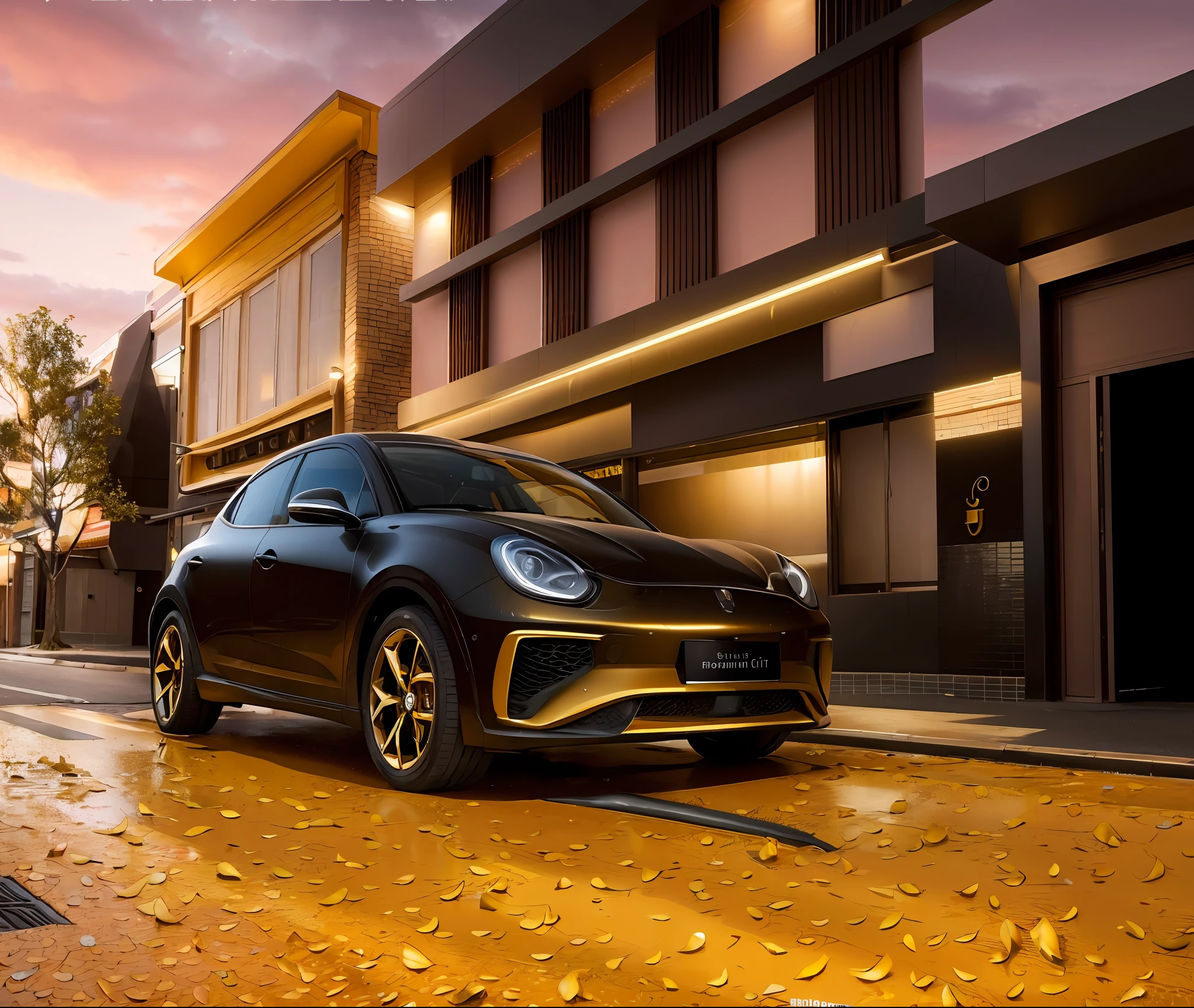 Ultra-realistic 35mm photo of a black car, golden wheels, golden details, diagonally parked on the street after rain, splashing on the body, trees with movie city and some pink leaves, dramatic lighting, super resolution, surrealism, reflections on the ground and cloudy sky